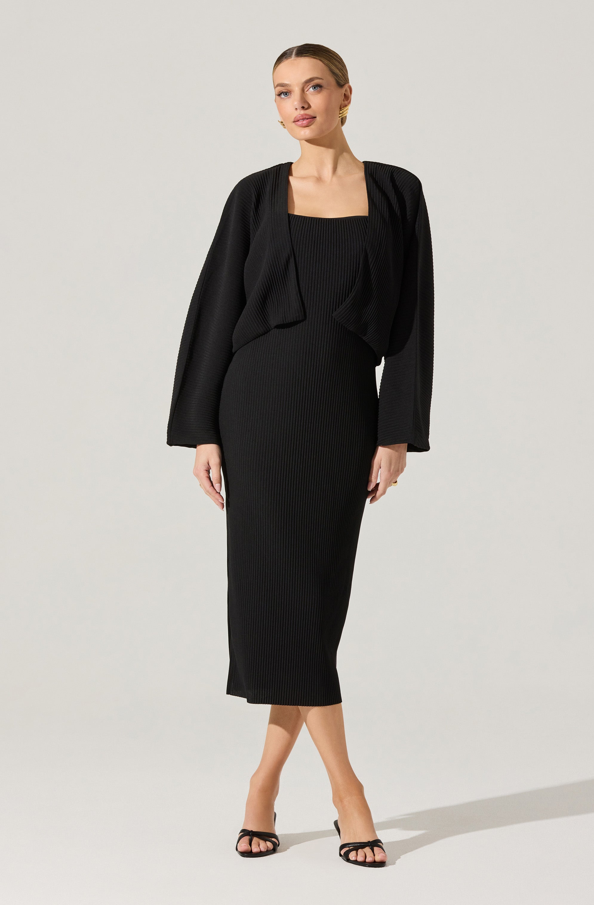 Stylish Ribbed Midi Dress with Matching Shrug Set - Women's Elegant Outfit for Date Night, Wedding Guest, or Office Wear