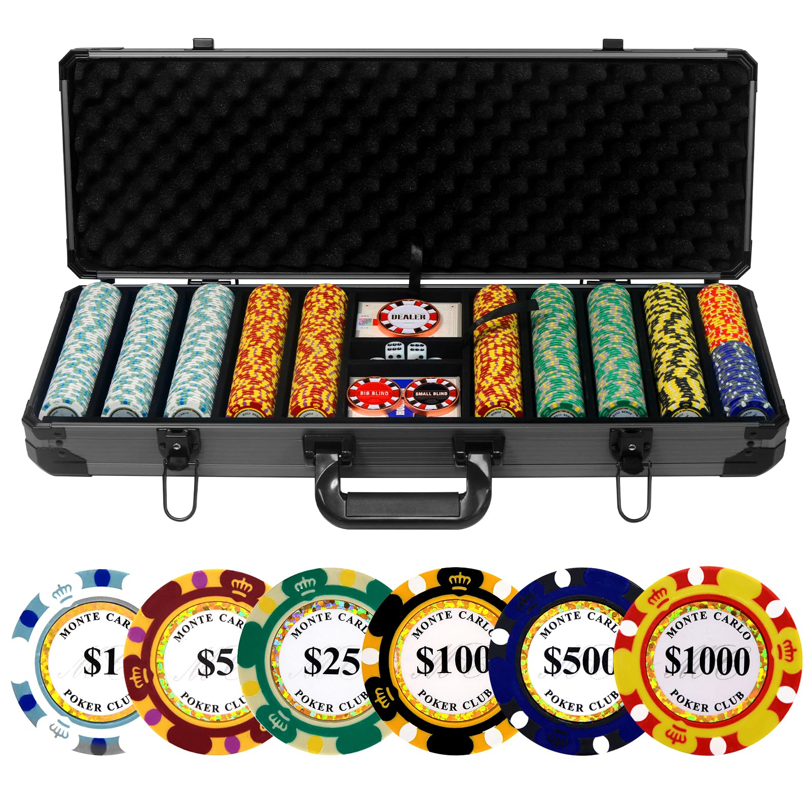 Premium 500-Piece 14g Clay Poker Chips Set with Aluminum Case - 39mm Casino-Style Poker Chips, 2 Plastic Card Decks & Dealer Button - Perfect for Texas Hold'em, Blackjack, Home Poker Games & Casino Nights