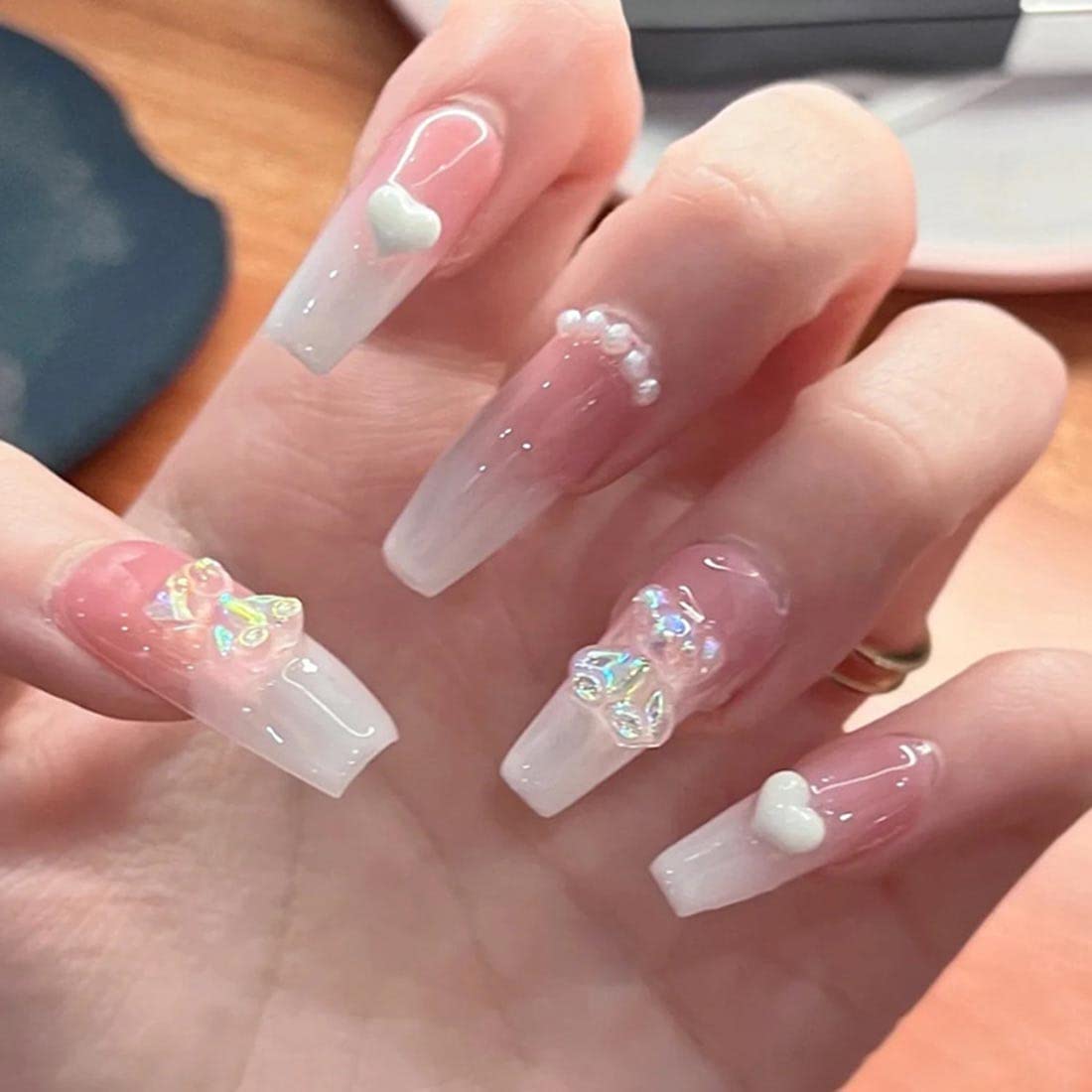 SINLOV 24pcs Coffin Fake Nails - Nude Pink Gradient Press on False Nails, Long Ballerina Artificial Nails, Full Cover Nail Tips for Women & Girls | Perfect for Parties, Weddings, and Special Occasions (Pink 3)