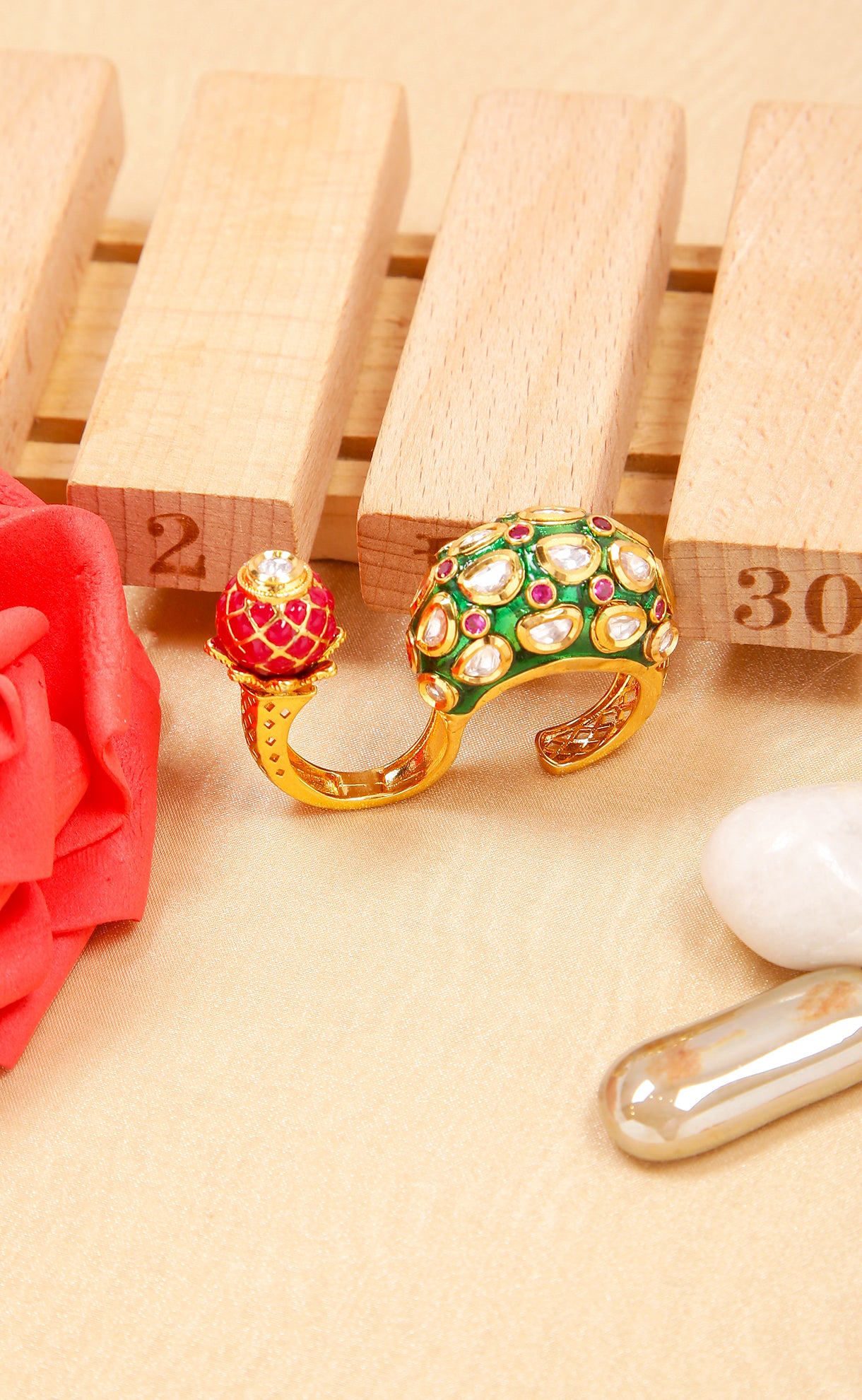 Exquisite Gold Plated Royal Kundan Beaded Ring for Women - Elegant Indian Jewelry for Weddings, Parties & Special Occasions (D271)