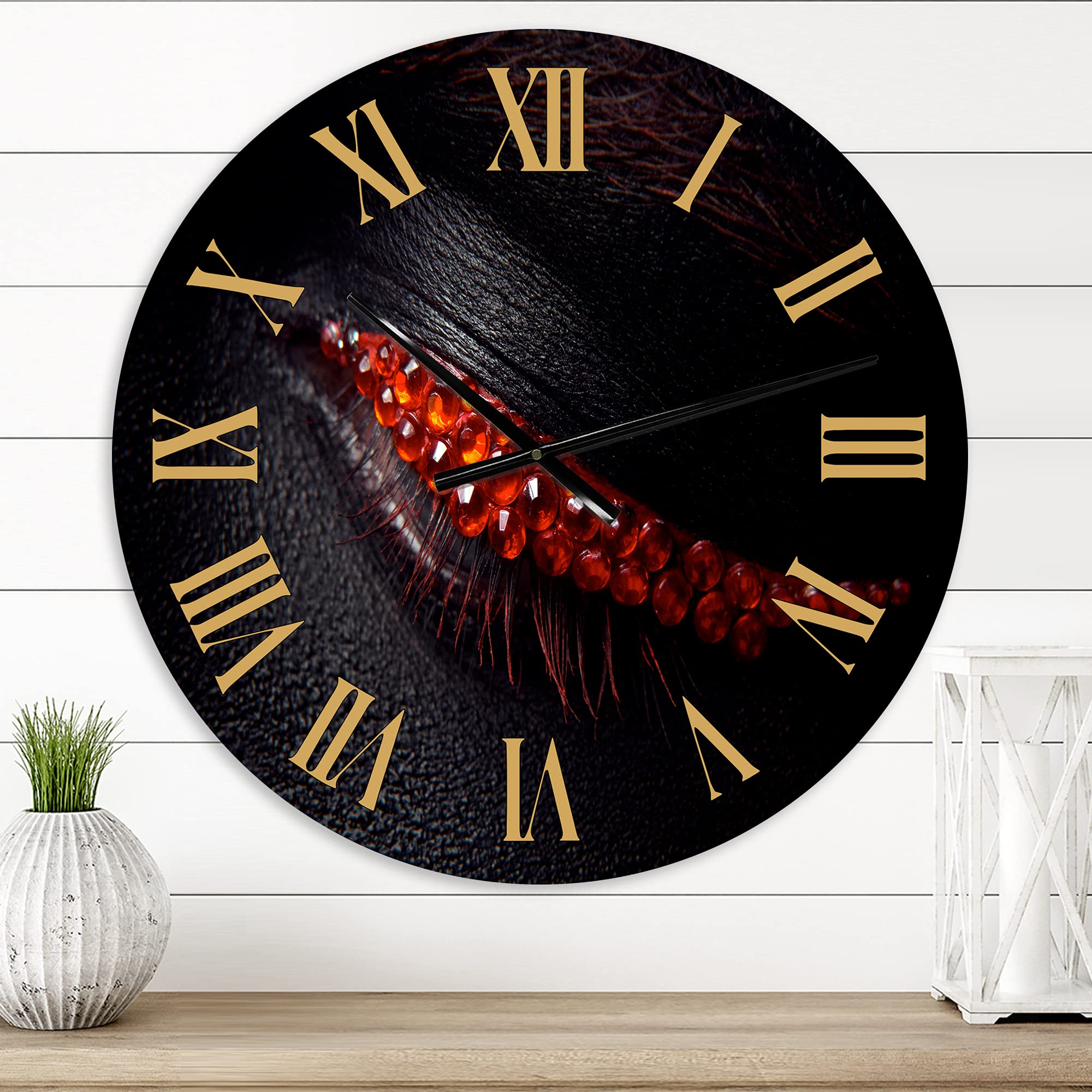 DesignQ Modern Wall Clock - Elegant Black Woman with Red Diamonds Art, Large Decorative Clock for Living Room, Bedroom & Office | Eye-Catching Home Décor & Unique Gift Idea