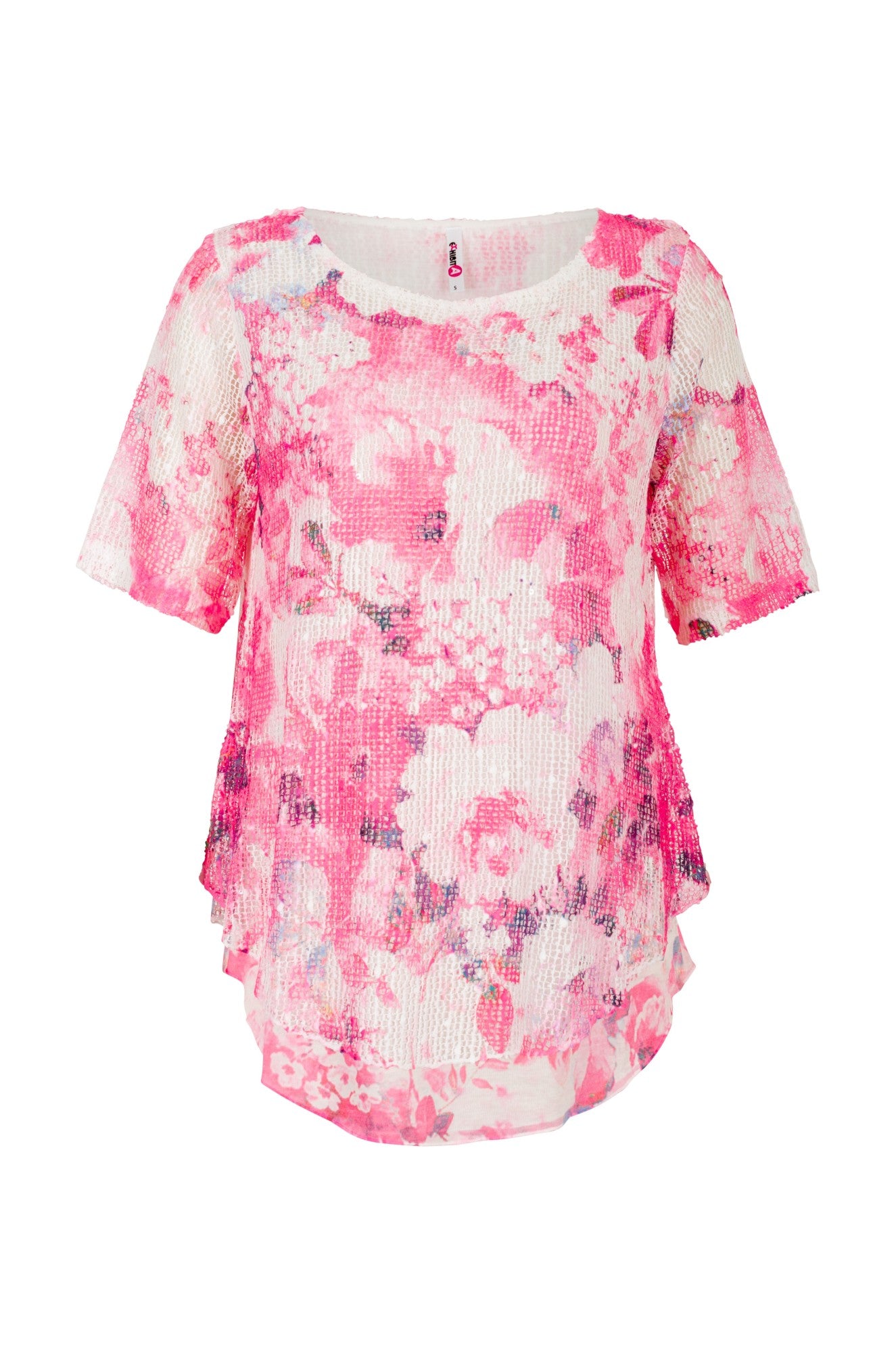 Floral Mesh Overlay Tunic - Cerise White Blooms Women's Fashion Top 3971A1 | Perfect for Spring Outfits, Casual Wear & Special Occasions