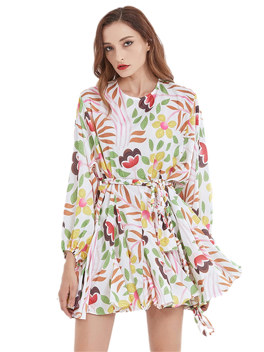 Women's Floral Print A-Line Dress with O-Neck, Balloon Sleeves, High Waist Tie Bow - Elegant Contrast Design for Casual Wear, Office, Date Night & Special Occasions