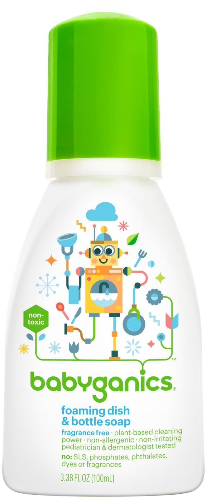 Babyganics Fragrance-Free Foaming Dish & Bottle Soap – 3.38 oz – Safe for Baby Bottles, Pacifiers & Toys – Gentle Plant-Based Cleaner for Sensitive Skin