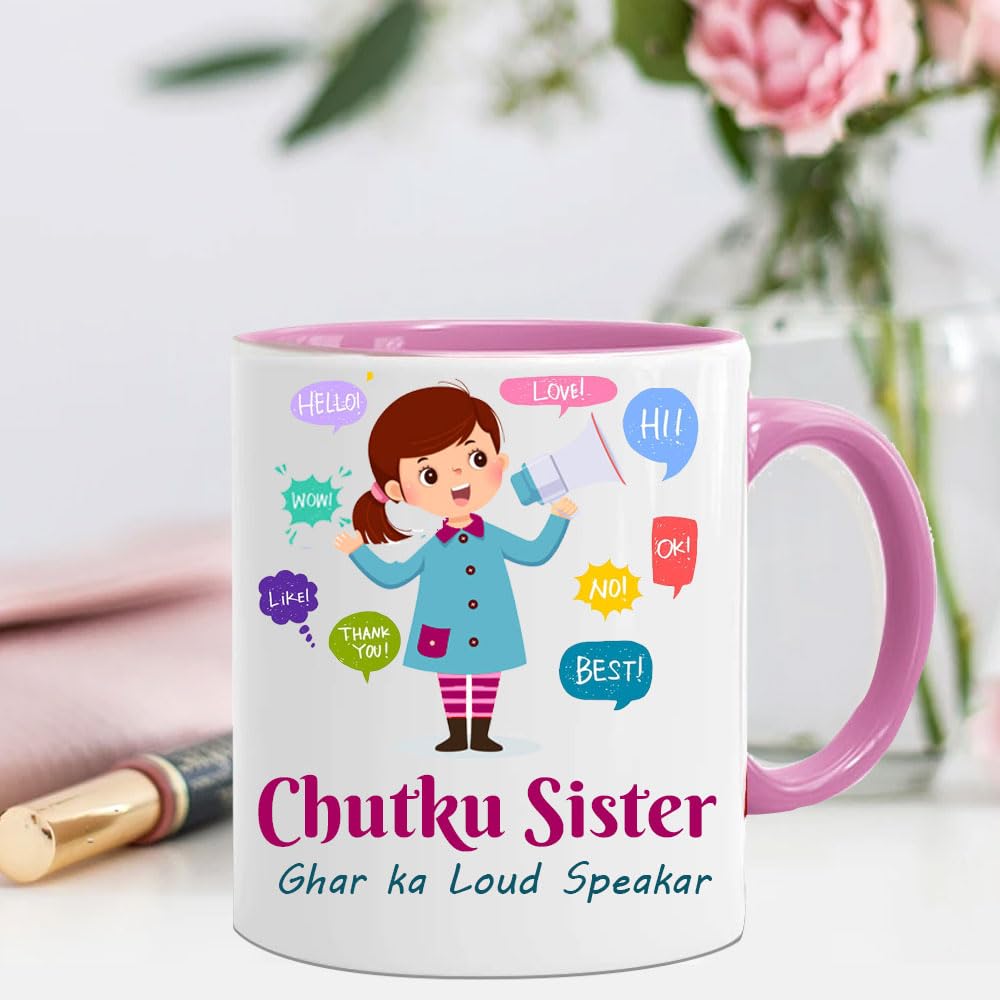 Funny Quotes Ceramic Mug for Sister - Pink Handle White Coffee Cup with Humorous Sayings - Perfect Rakhi, Rakshabandhan, Bhaidooj & Birthday Gift - 350ml - Ideal for Morning Coffee, Tea Breaks & Sister Bonding Moments