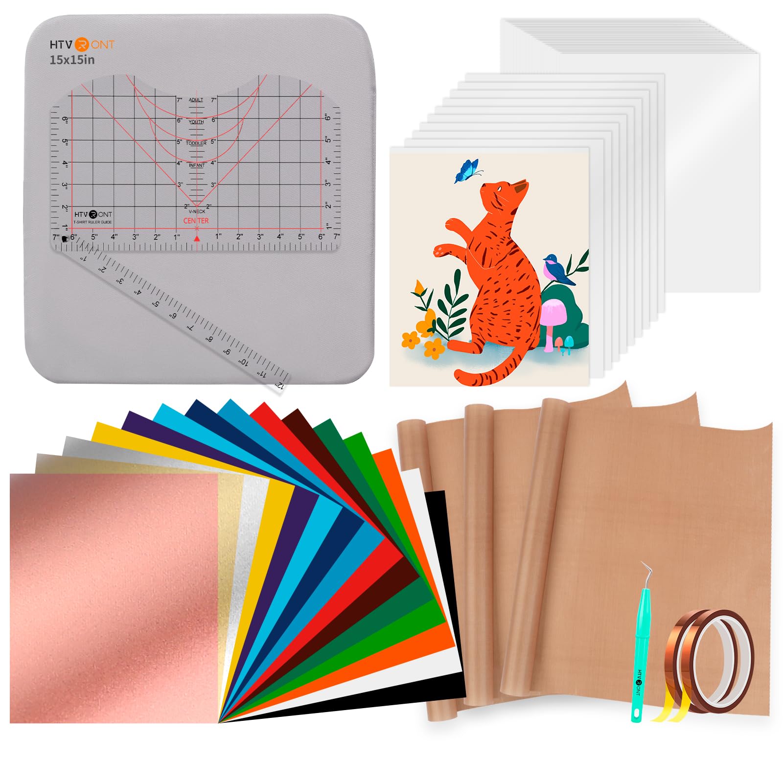 HTVRONT 55-Piece Heat Press Accessories Kit for 15x15 Heat Press Machines - Includes Vinyl, Sublimation Paper, Tools & Heat Press Mat - Perfect for T-Shirt Printing, DIY Crafts & Cricut EasyPress Projects