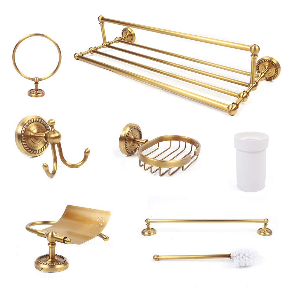LYNICESHOP 7-Piece Gold Copper Bathroom Hardware Set - Wall Mounted Towel Rack, Toilet Paper Holder, Brush Holder & Shelf - Modern Bathroom Accessories for Home Decor & Organization