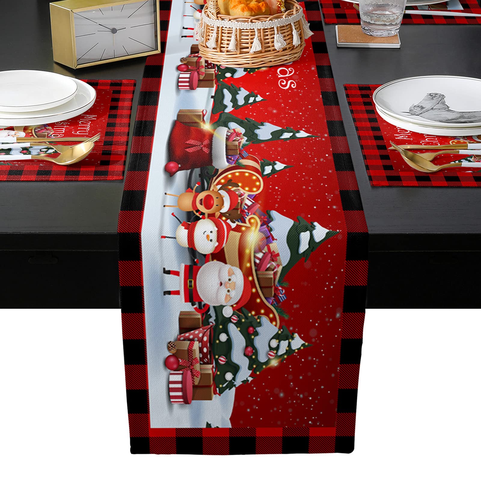 CyCoShower 4-Piece Wrinkle-Free Christmas Table Runner & Placemats Set - Santa Claus, Elk & Snowman Design with Checkered Border, Stain-Resistant for Indoor/Outdoor Dining - Perfect for Holiday Parties, Family Gatherings & Festive Decorations