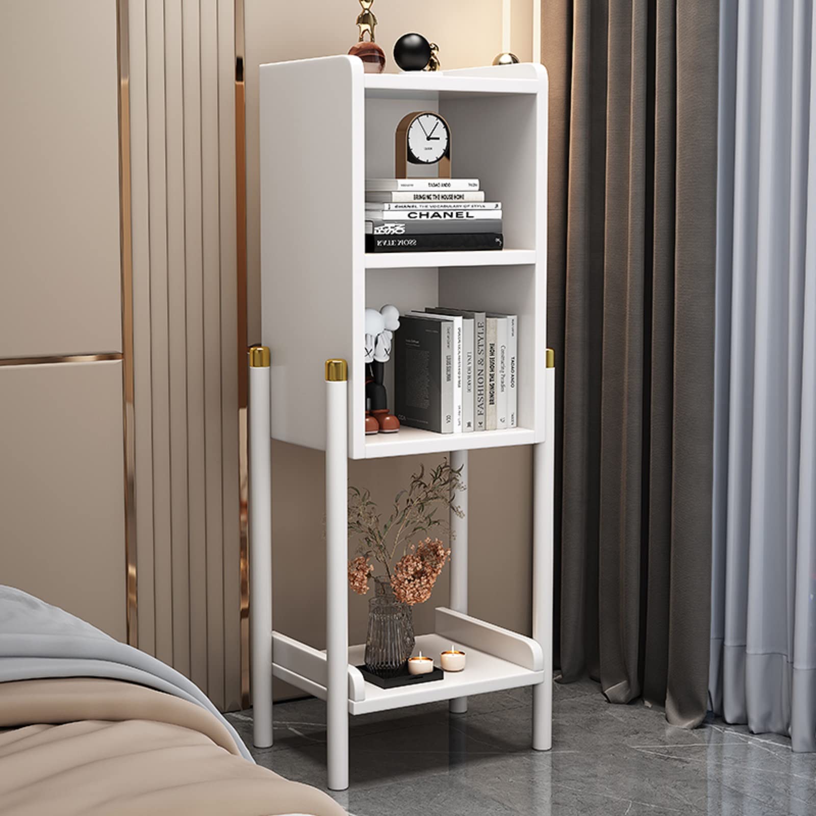 White Rubber Wood Nightstand with Shelf - Multi-Functional End Table for Bedroom, Living Room & Office - Bathroom Storage Rack & Bookshelf (15.8