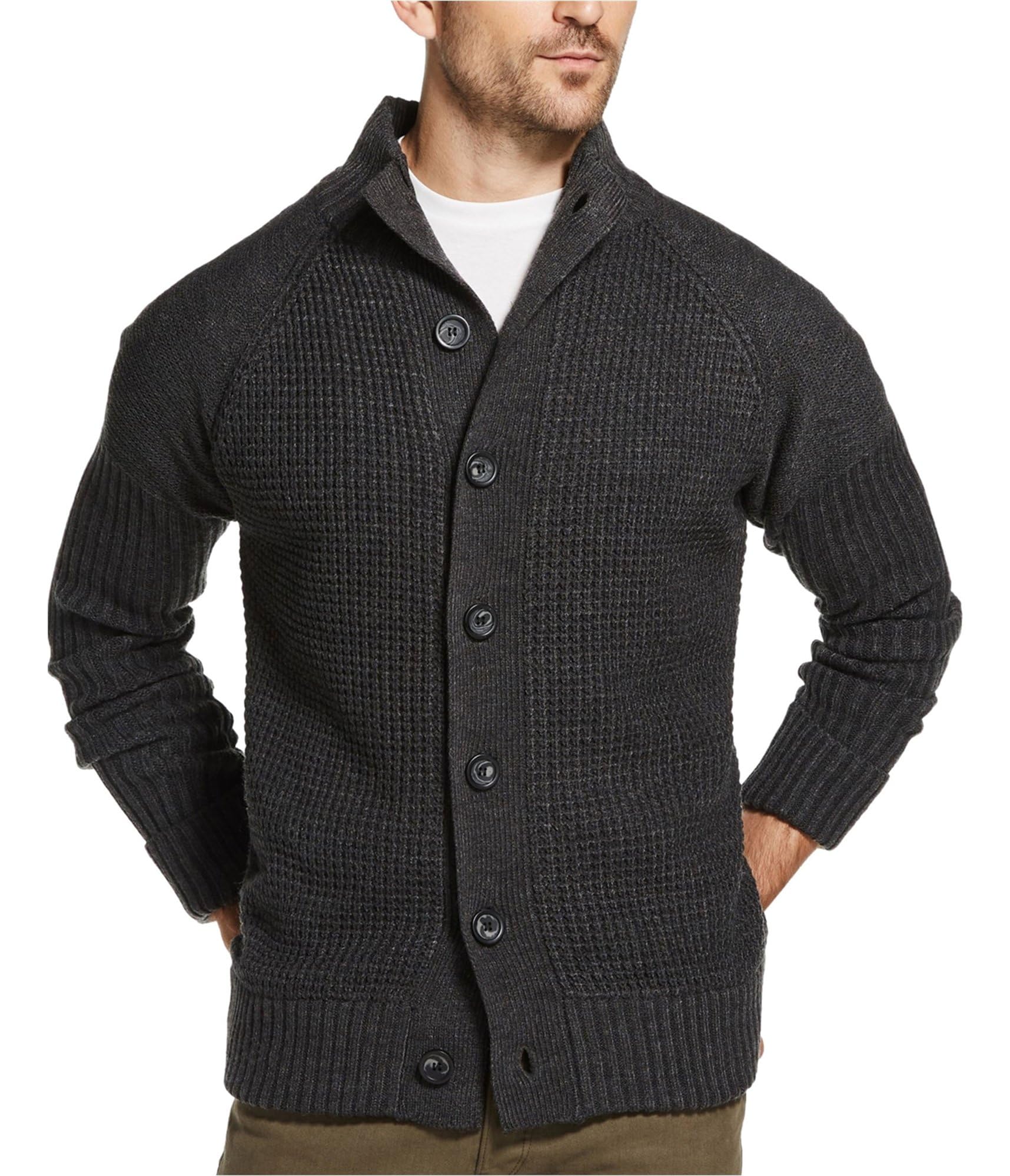 Weatherproof Men's Waffle Stitch Button-Up Cardigan Sweater - Gray - Cozy Winter Wear for Outdoor Activities & Casual Style