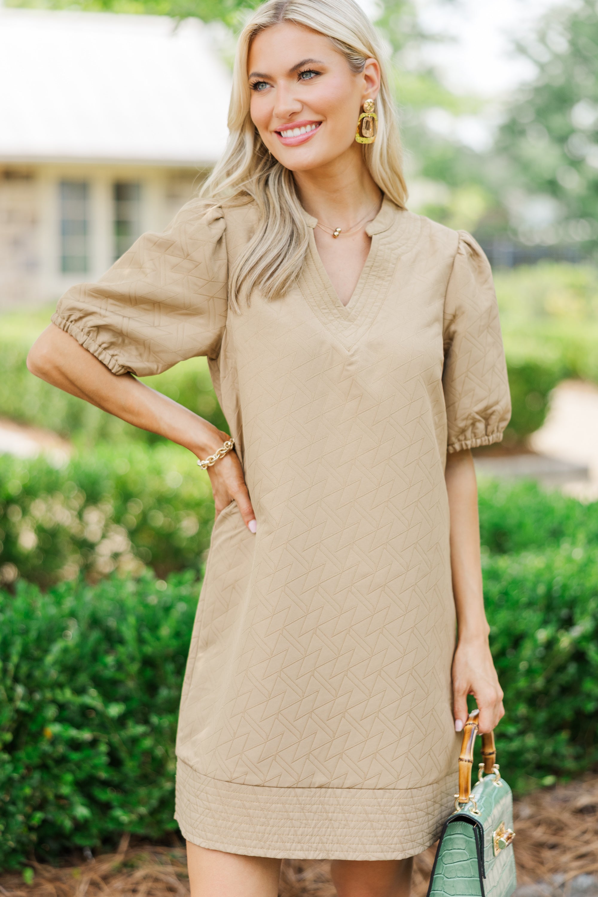 Elegant Taupe Quilted Dress for Women - Comfortable & Stylish Fall/Winter Outfit for Office, Date Night & Special Occasions