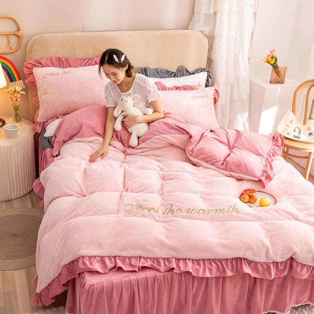 2024 Flannel Duvet Cover Set Double Size - Lotus Leaf Embroidery Arctic Velvet Warm 4-Piece Bedding with Bed Skirt | Soft Crystal Velvet for Cozy Winter Nights (Pink, Duvet Cover 200x230cm, Bed Skirt 150x200cm) - Perfect for Master Bedroom, Guest Room & Cold Weather Comfort