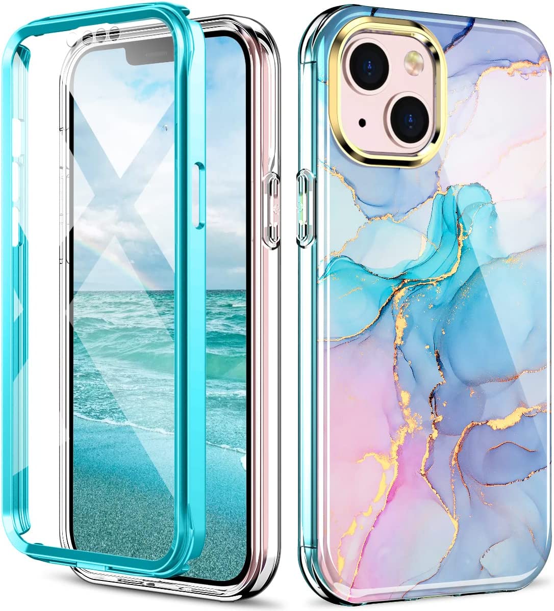 Premium Slim iPhone 13 Mini Case 5.4 Inch with Full Body Protection & Tempered Glass Screen Protector - Marble Design for Everyday Use & Travel Protection