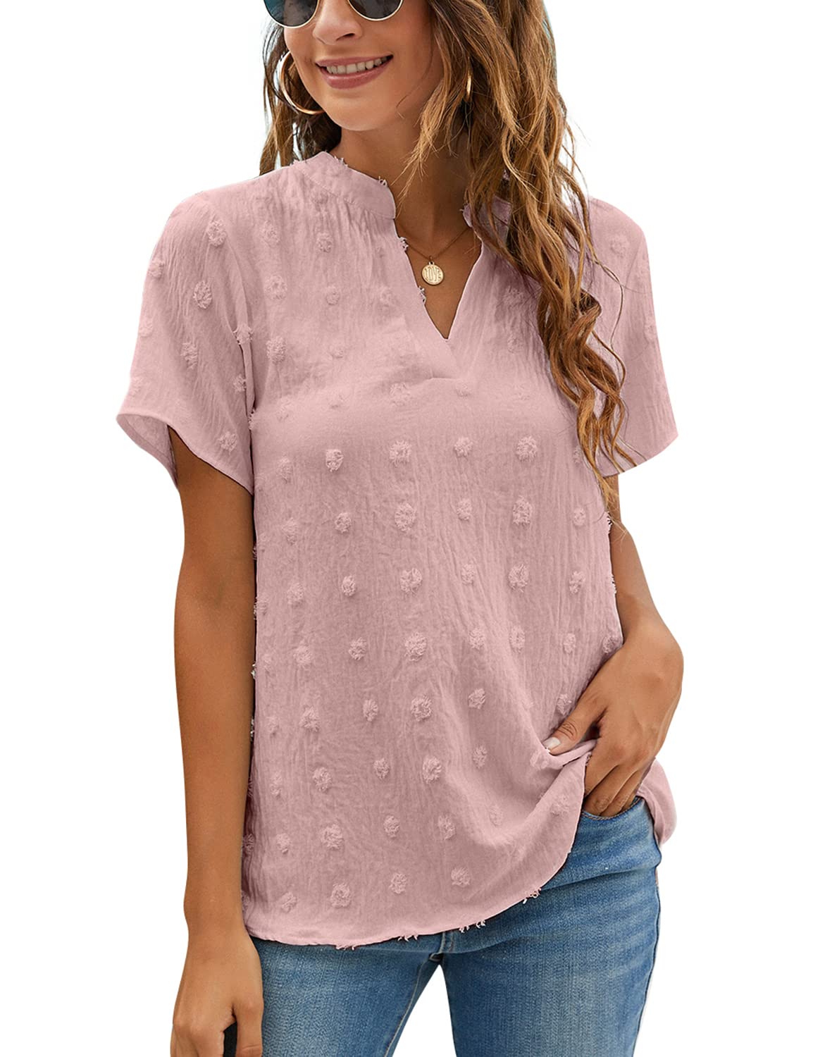 Women's White Chiffon Blouse - Short Sleeve V-Neck Polka Dot Summer Top | Casual Office Wear & Beach Cover-Up