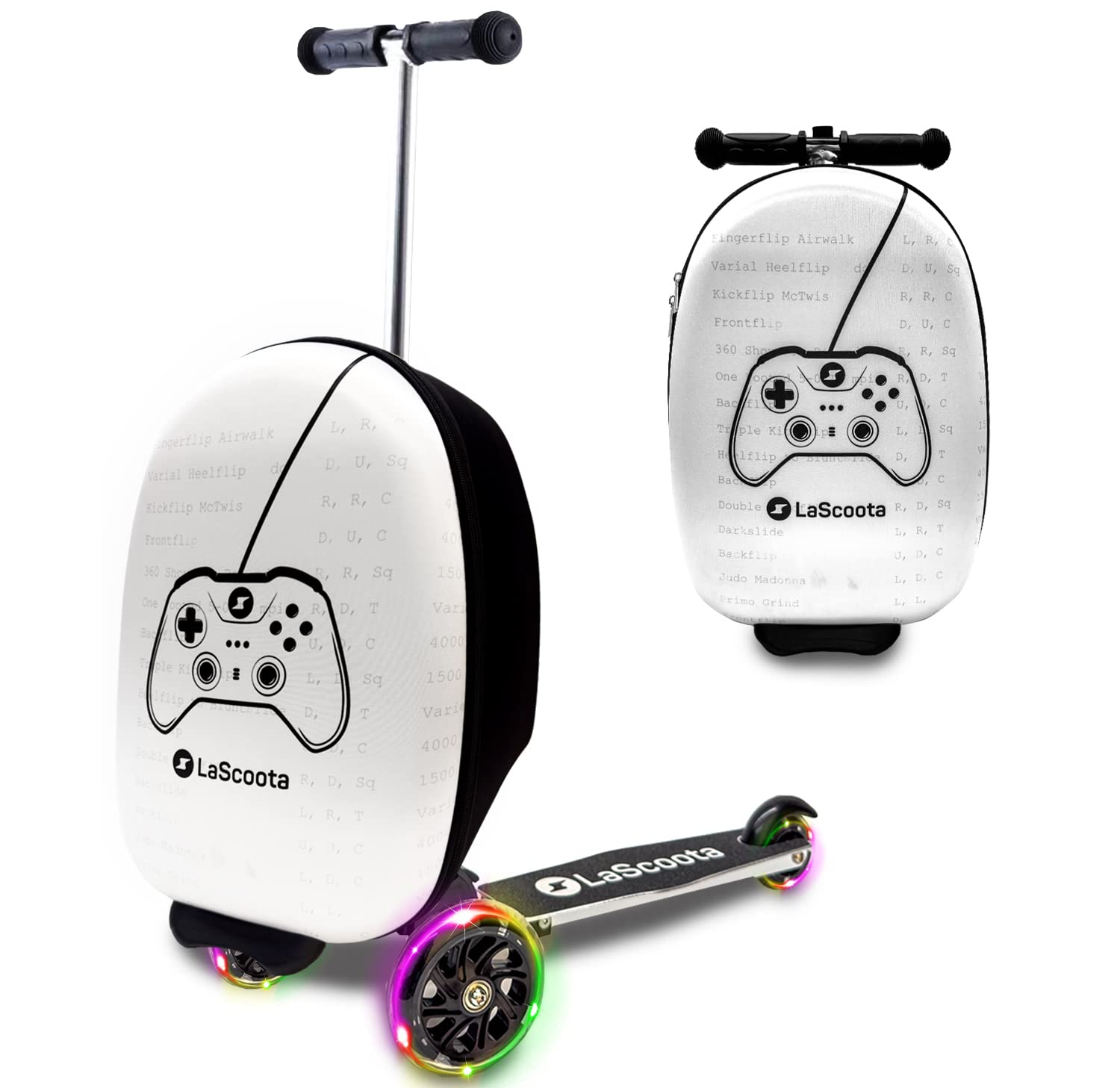 Lascoota Foldable Scooter Suitcase for Kids Ages 2-5 - Lightweight Ride-On Luggage with LED Wheels & Fun Videogame Graphics - Perfect for Air Travel, Family Vacations & Daily Commutes