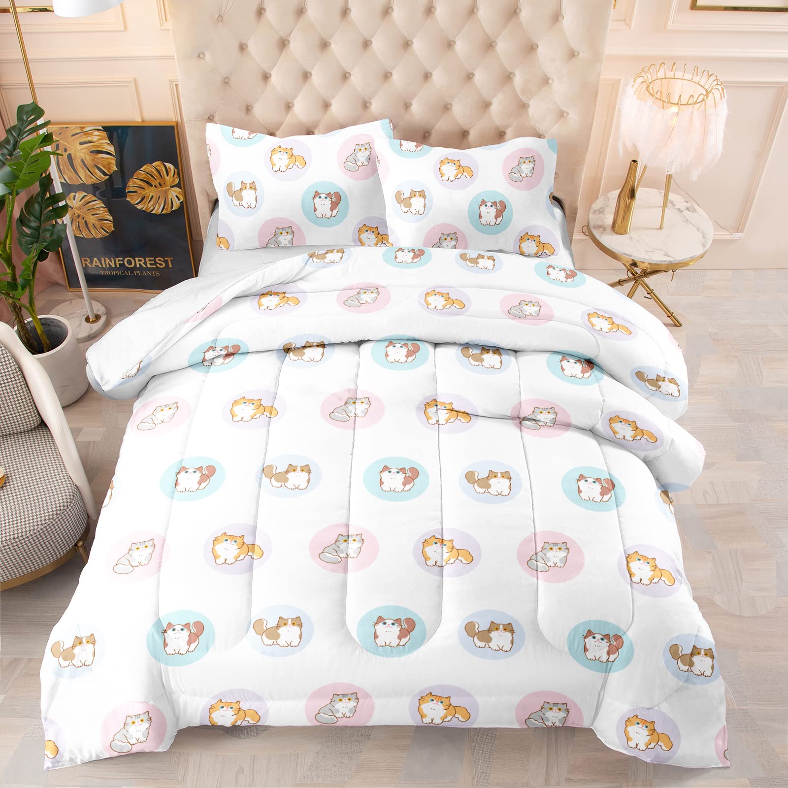 Luxury Soft Microfiber Kawaii Cat Queen Bedding Set - 3 Piece Durable Comforter with Zipper Ties, Easy Care White Queen Size | Perfect for Kids' Rooms, Teen Girls' Bedrooms & Cat Lovers' Home Decor
