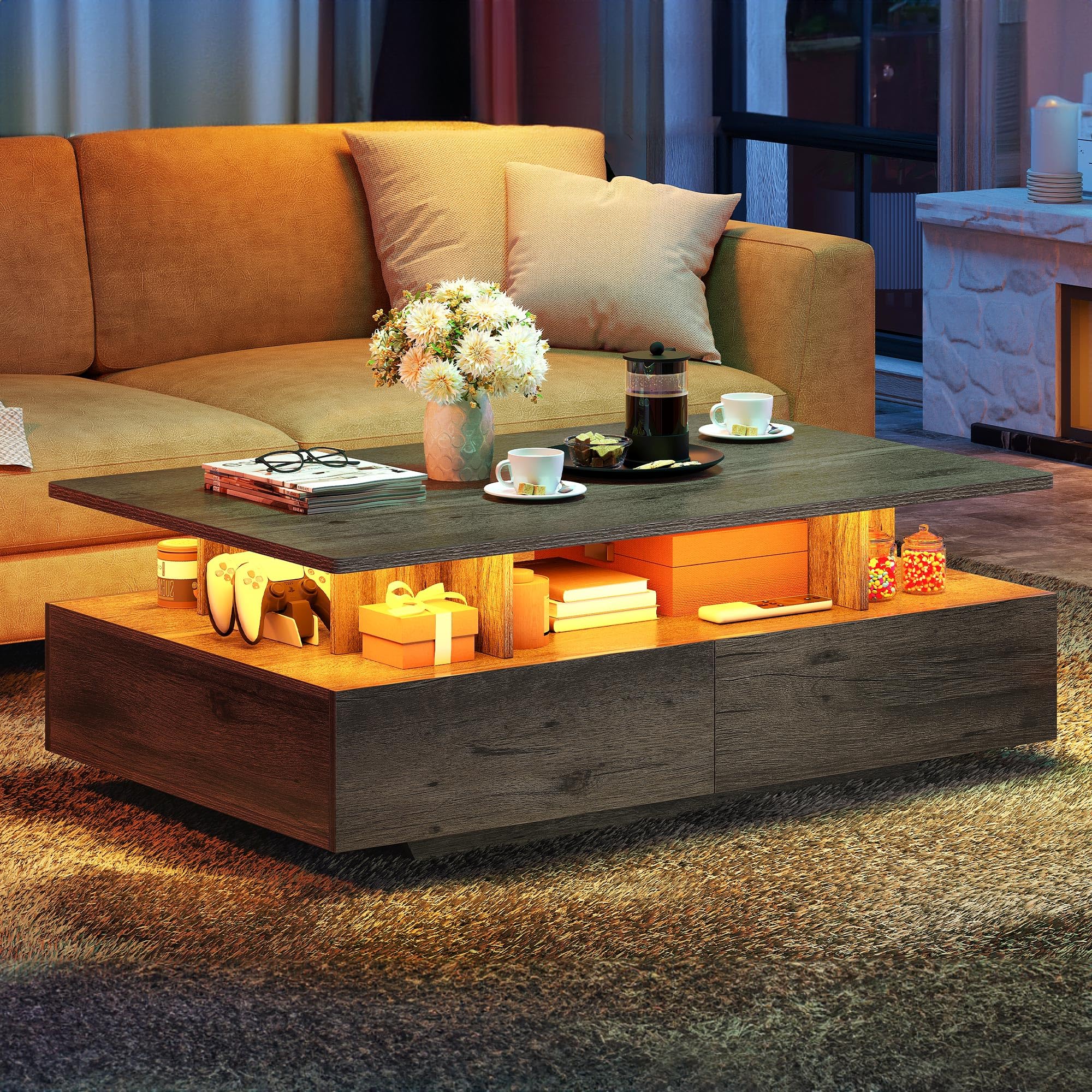YITAHOME Lift Top Coffee Table with Storage - Modern Rectangle Living Room Coffee Table with 4 Spacious Drawers & LED Lights, Grey - Perfect for Small Spaces, Home Office, and Apartment Living