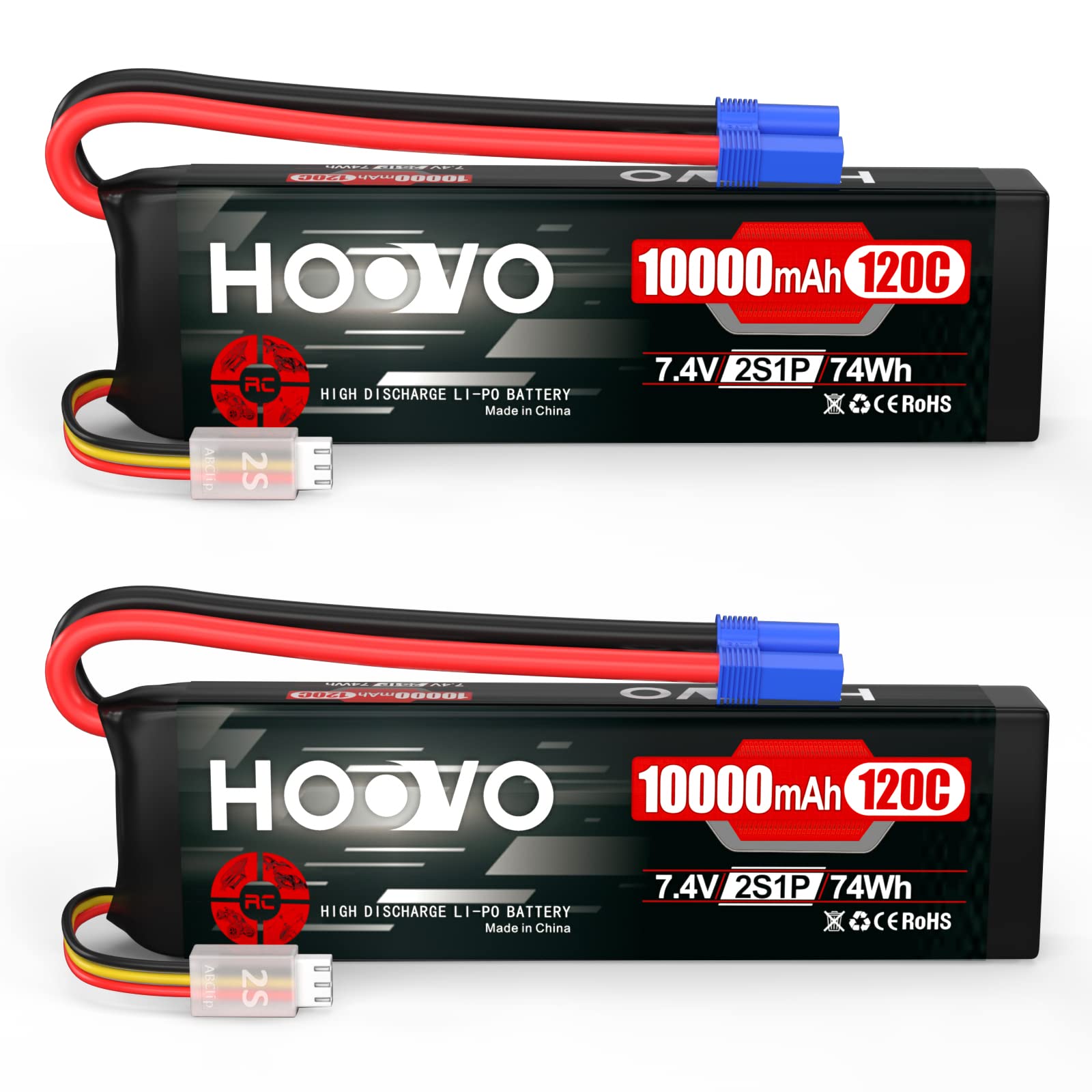 HOOVO 2S 7.4V 10000mAh 120C Lipo Battery Pack with EC5 Connector - High Performance RC Battery for Cars, Drones, FPV, DJI & Airplanes (2 Pack) - Perfect for Racing, Hobby & Long Flight Time Applications