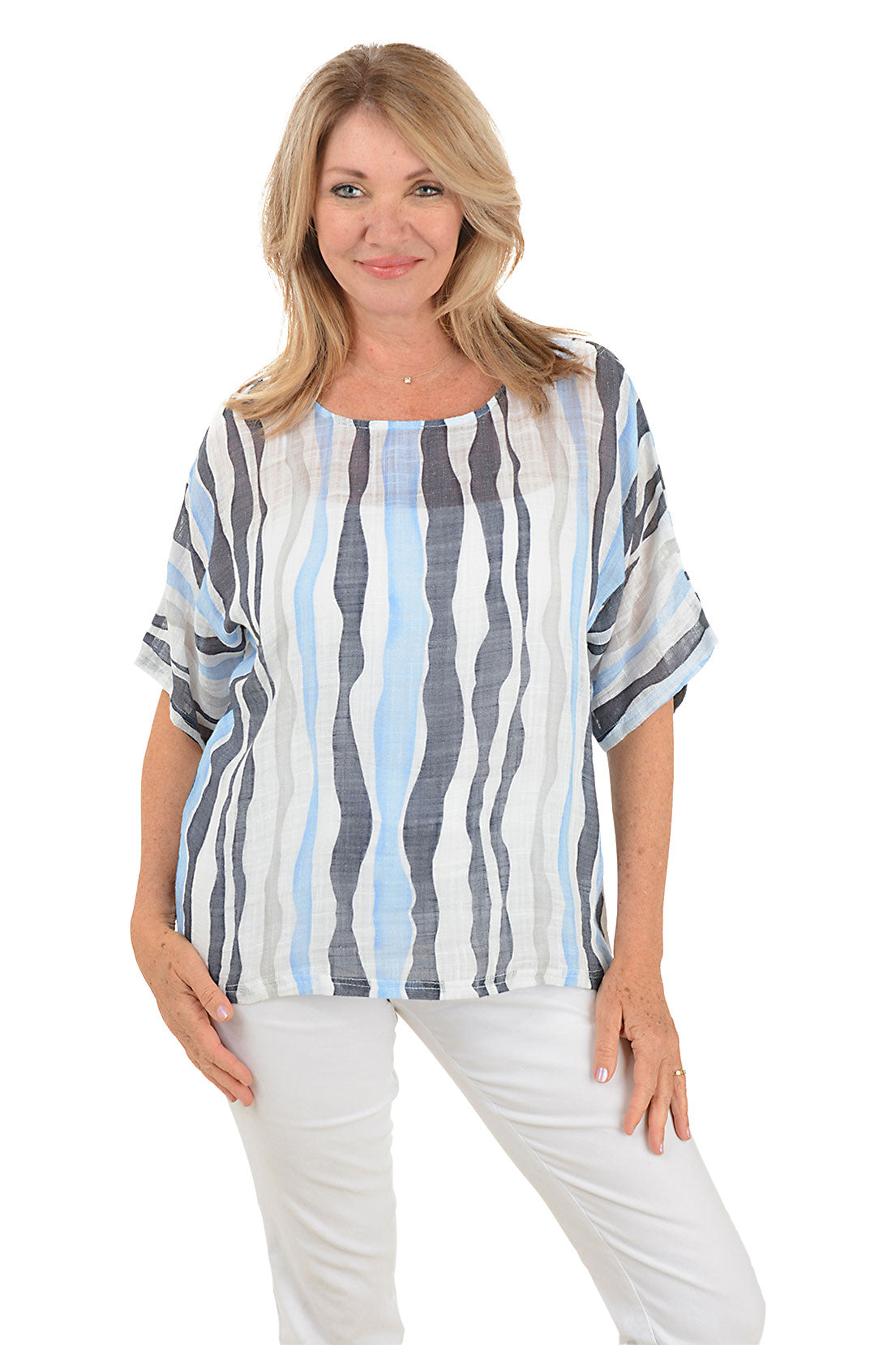 Stylish Wavy Stripes Gauze Boxy Blouse for Women | Loose Fit Boho Chic Top | Perfect for Summer Outfits, Beach Vacations & Casual Wear