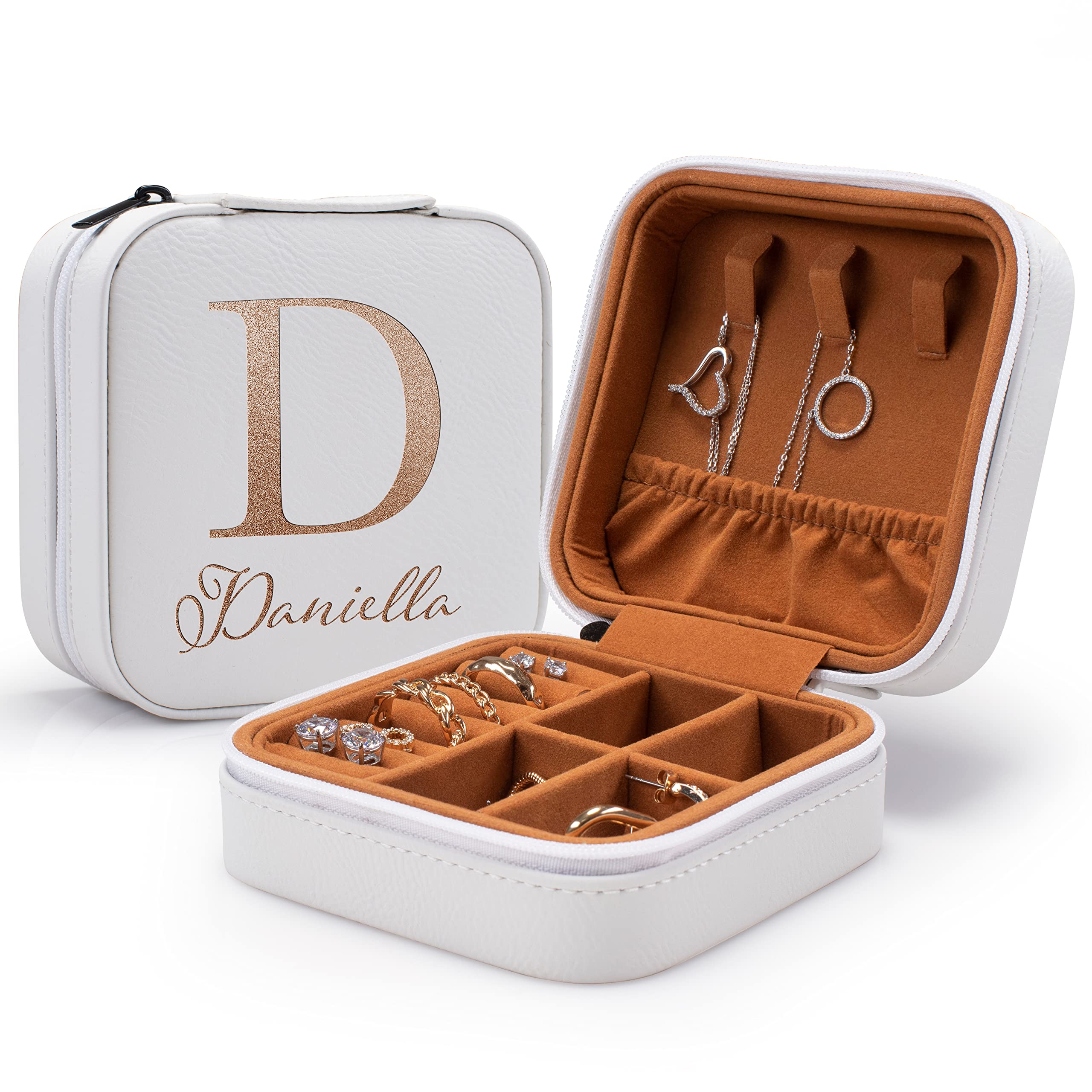 Personalized Jewelry Box Set of 6 - Custom Name & Initial Bridesmaid Proposal Gifts, 3 Elegant Designs, Travel Jewelry Organizer | Perfect for Bachelorette Party Favors, Wedding Accessories & Portable Jewelry Storage (White)