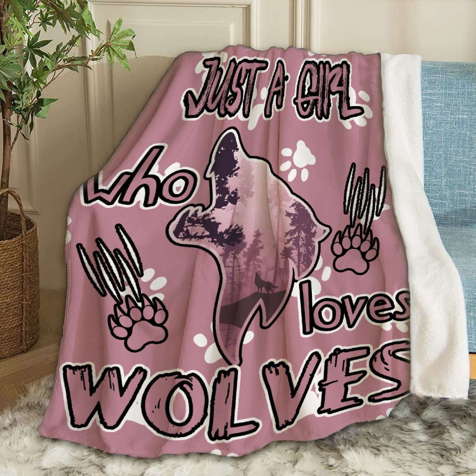 ARTBLANKET Just A Girl Who Loves Wolves 2 - Super Soft Flannel Fleece Throw Blanket (120x90 Inch) - Funny & Cozy Blanket for Bed, Couch, Sofa - Perfect for Travel, Home Decor & Family Use