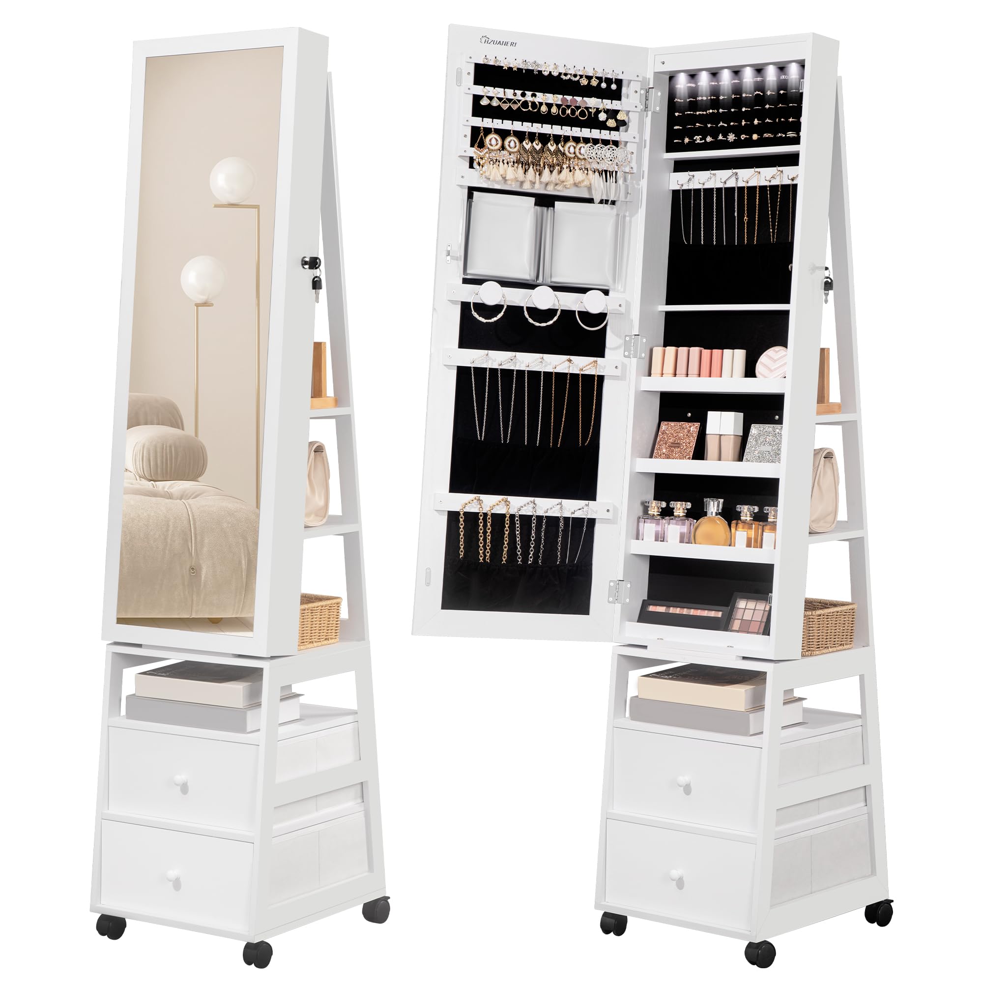Lockable Jewelry Organizer Mirror Cabinet with Lights & Wheels - 360° Swivel, 2 Drawers for Women's Jewelry Storage - Bedroom/Bathroom Use