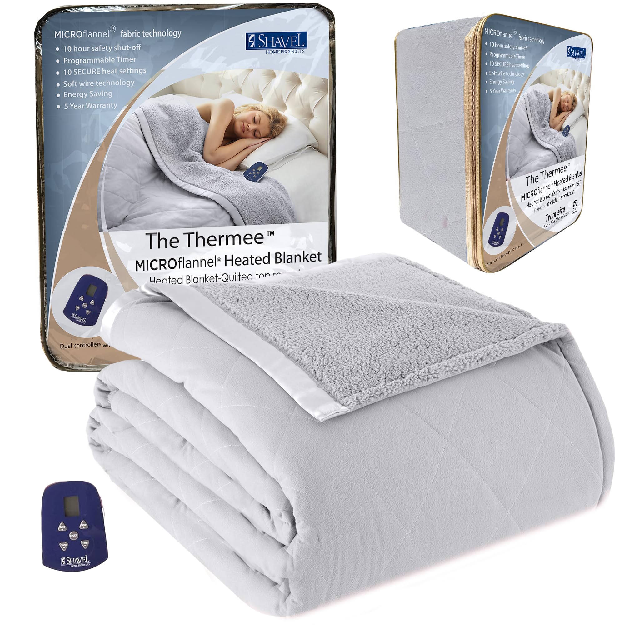Thermee Micro Flannel Heated Blanket with Sherpa Back - 10 Heat Settings Electric Blanket for Twin Bed, Programmable Fast Heating Throw Blanket | Ultra Soft Thermal Blanket in Slate Grey | Perfect for Cold Nights, Winter Bedroom & Cozy Movie Nights