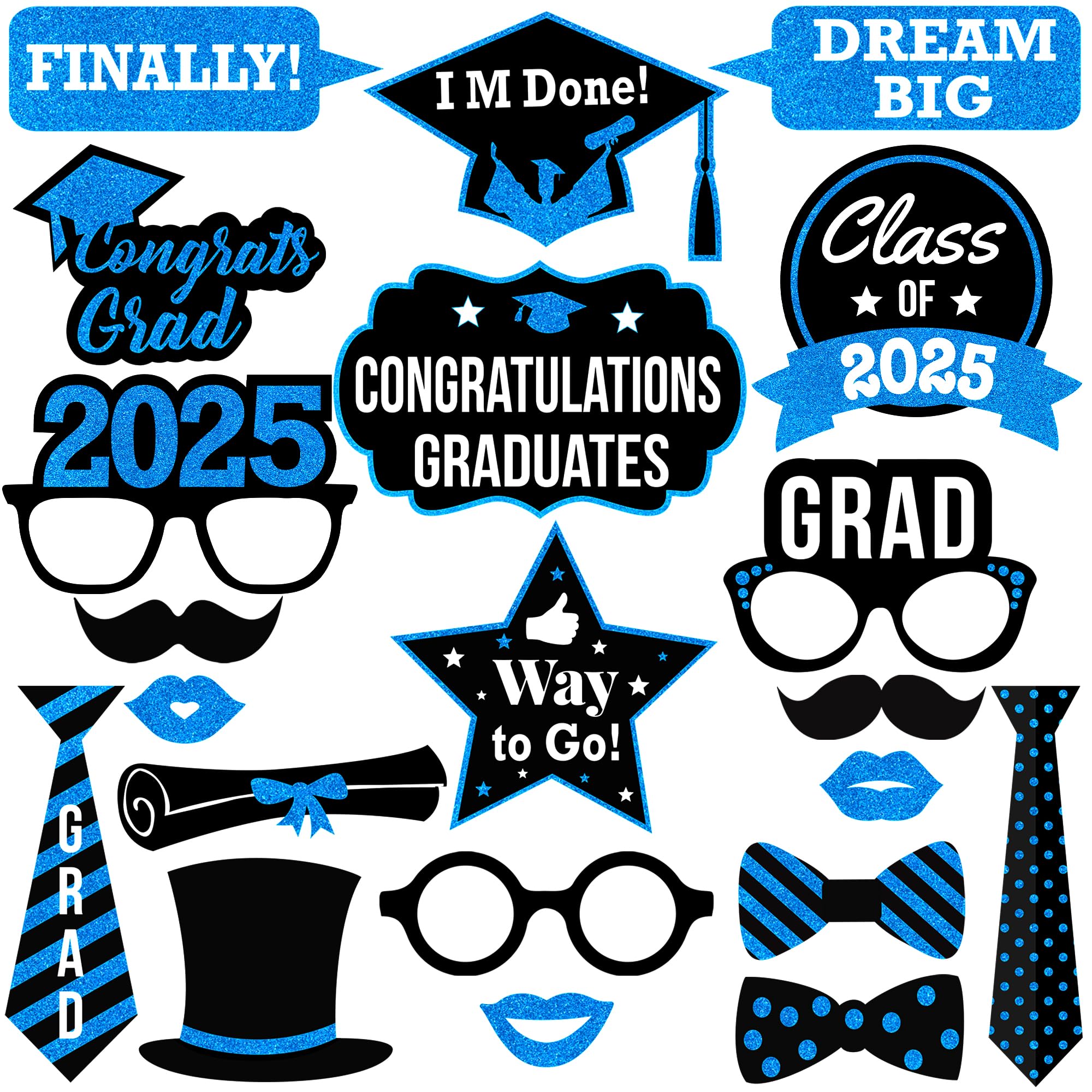 KatchOn 2025 Graduation Photo Booth Props - Glitter Pack of 21 | Blue Graduation Decorations for Class of 2025 | Photo Shoot Accessories & Party Favors | Perfect for Graduation Ceremonies, Parties & Memory Books