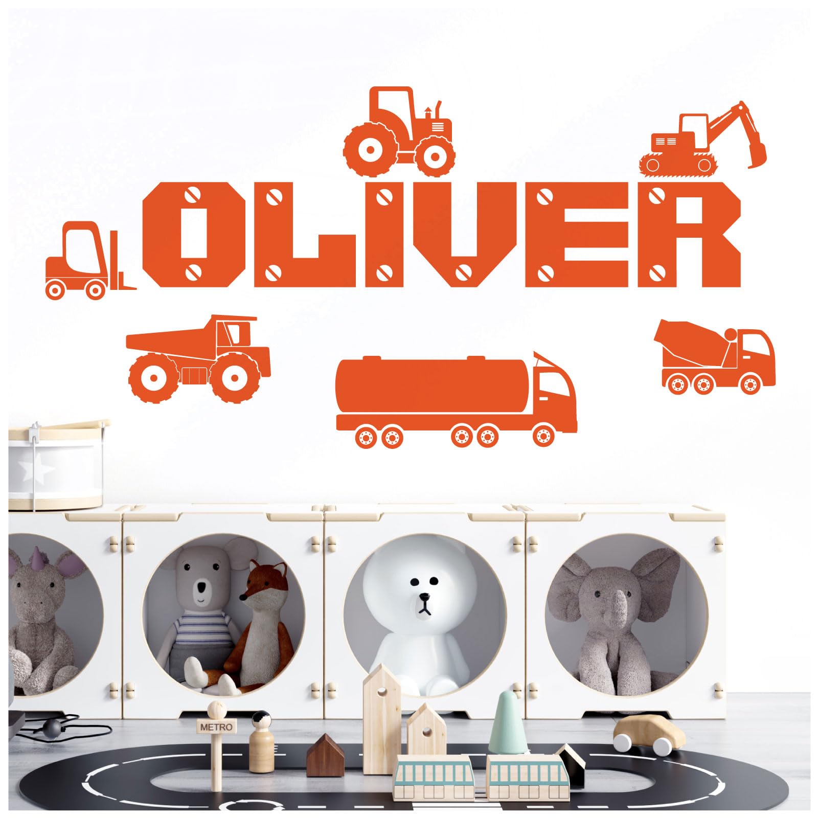 Personalized Boys Name Wall Decals - Truck, Tractor, Digger Construction Vehicle Stickers [Orange] | Nursery, Kids Room, Playroom Decor