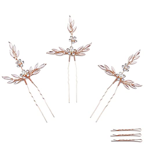 Elegant Pearl Leaf Crystal Hair Pins for Wedding Brides - Rose Gold Bridal Hair Accessories Set of 3 - Perfect for Bridal Showers, Weddings & Special Occasions