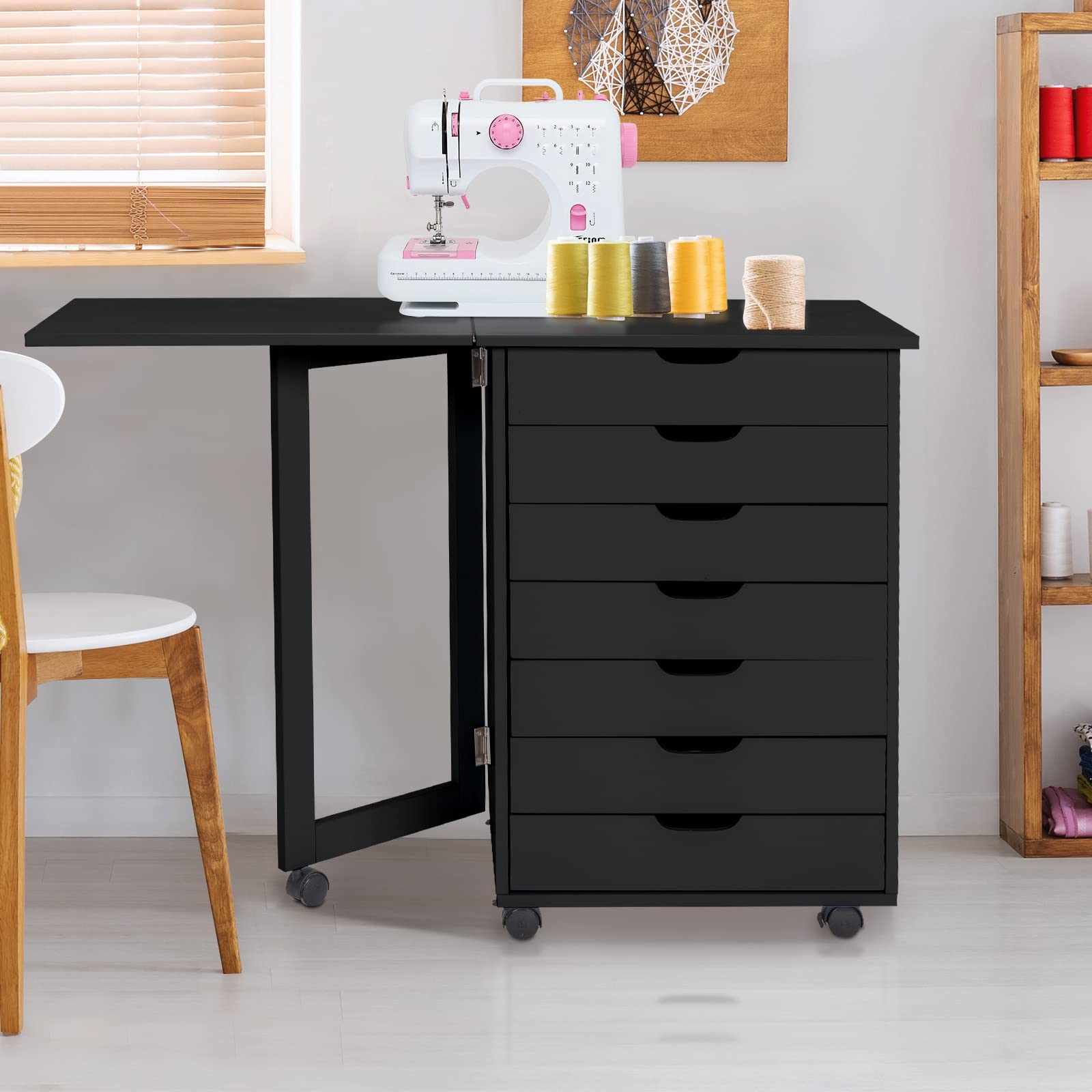 MengK 7-Drawer Wooden Filing Cabinet with Gate Leg Roll Cart & Desk - Black | Home Office Storage Solution for Files, Documents & Supplies