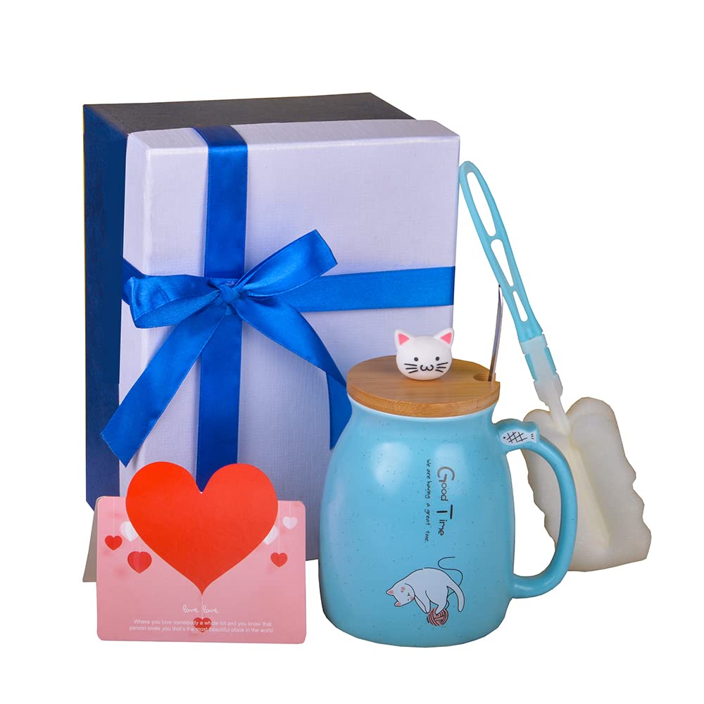 16oz Cute Cat Ceramic Coffee Mug - Funny Novelty Tea & Milk Cup for Women, Perfect Birthday Gift for Her, Friends, Coworkers, Wife, Mom, Daughter - Great Christmas Present (450ML, Blue) - Ideal for Morning Coffee, Tea Time, Office Use & Gift Giving