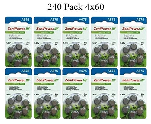 ZeniPower Size 675 PR44 Mercury-Free Hearing Aid Batteries (240-Pack) - Long-Lasting Power for Hearing Aids, Ideal for Daily Use & Travel