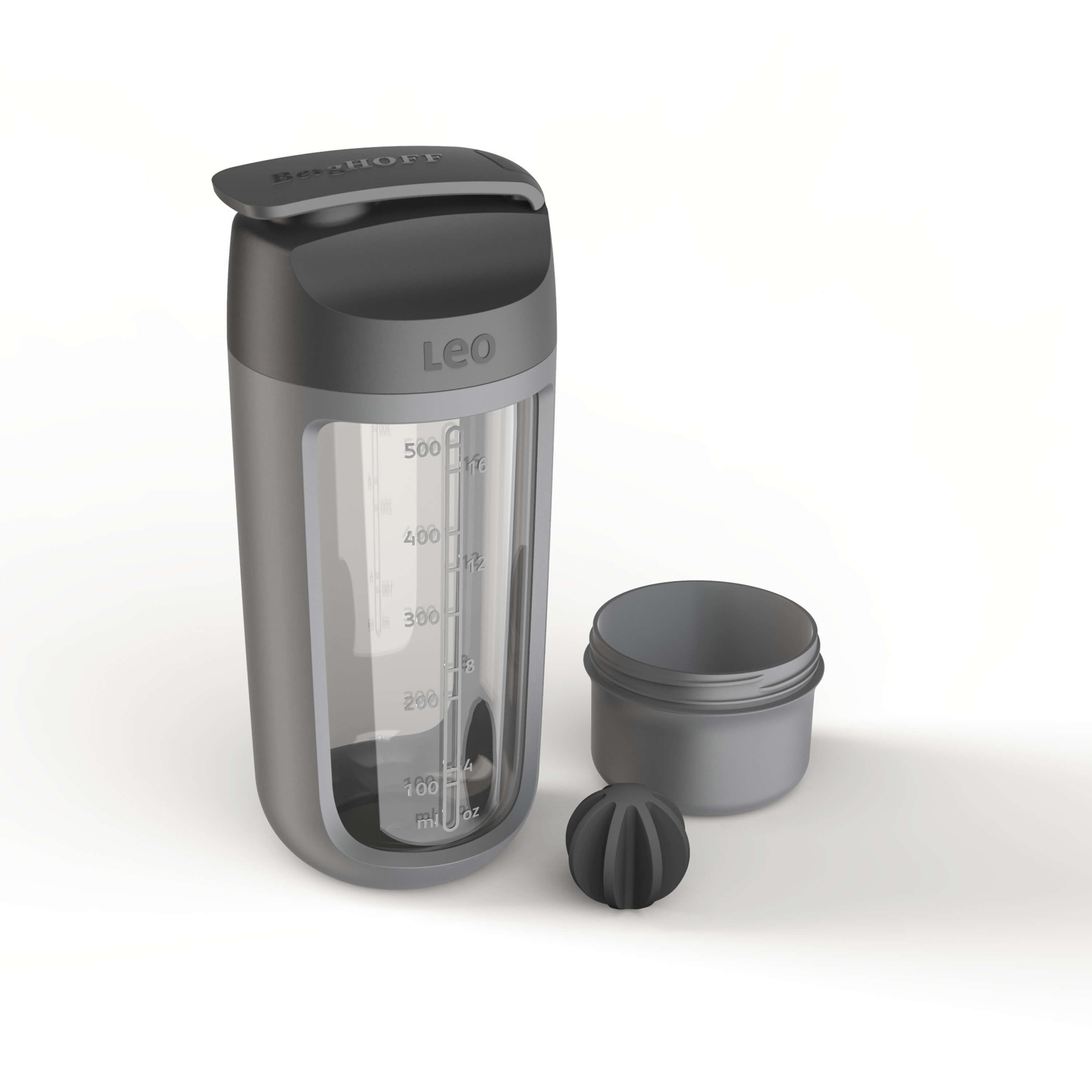 BergHOFF Leo 16.9oz Protein Shaker Bottle with Powder Compartment - Leak Proof, BPA Free Gym Water Bottle for Protein Shakes & Pre Workout - Perfect for Bodybuilding, Fitness & Sports (Grey)