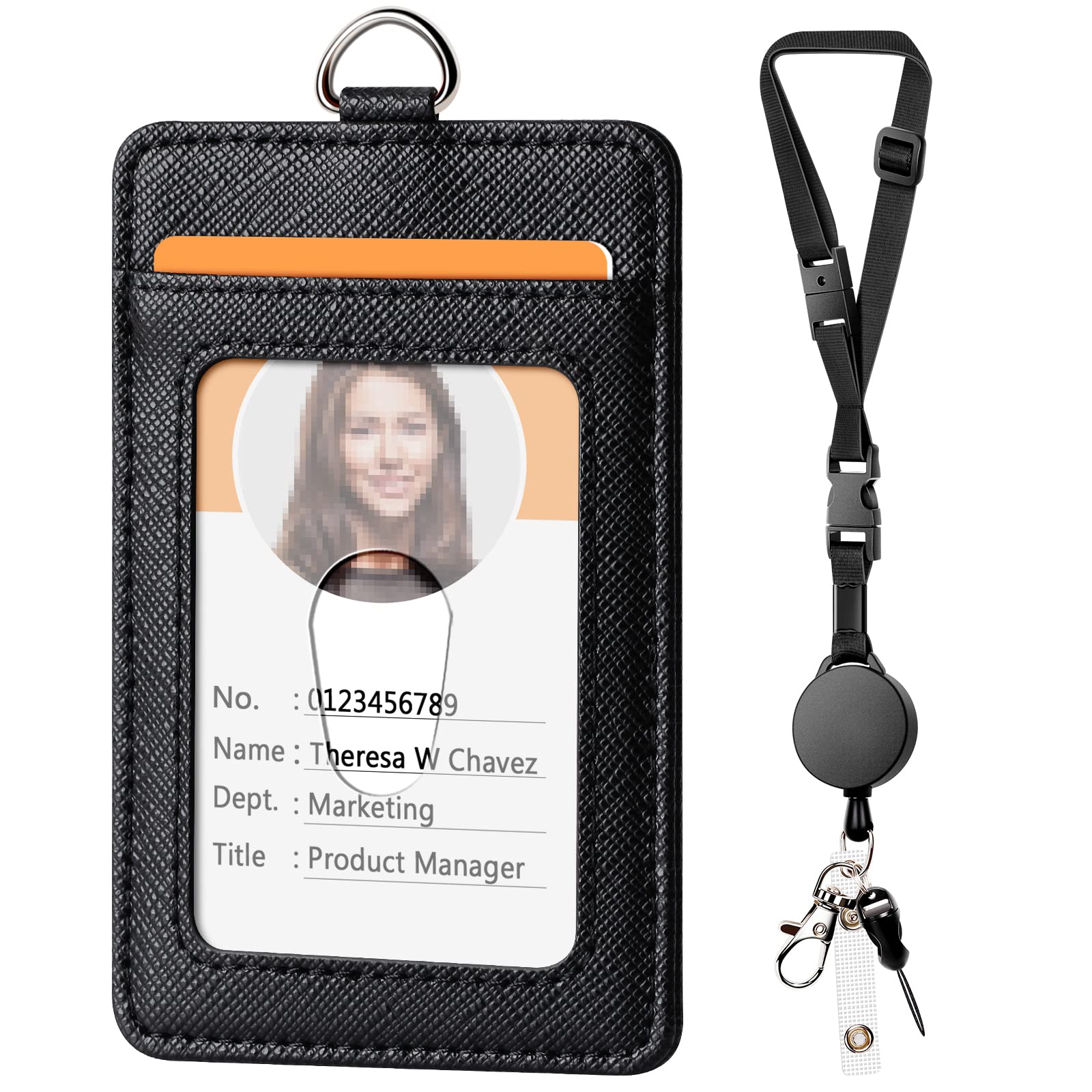 Leather Badge Holder with Retractable Lanyard - Office & School ID Card Accessory