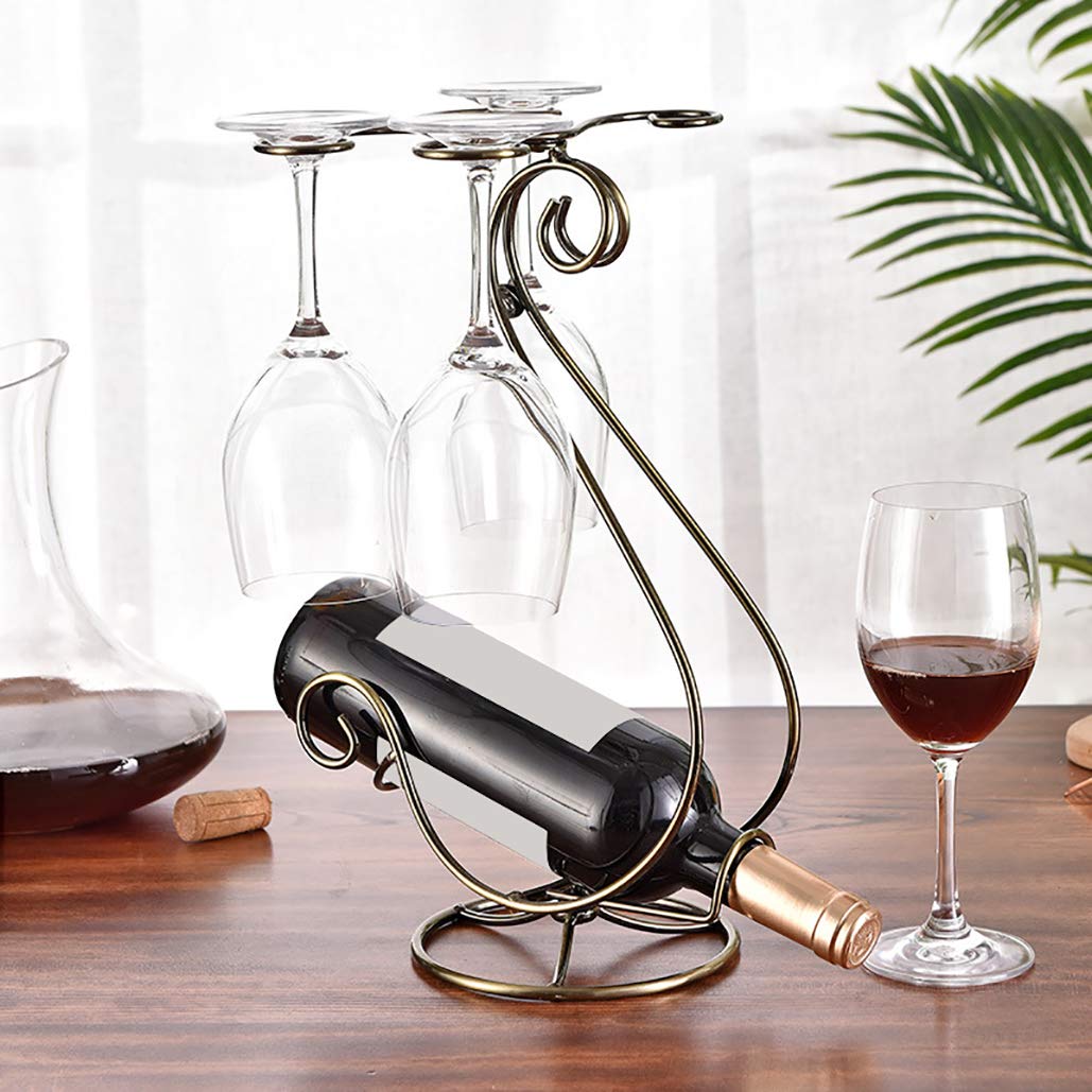 Premium Wooden Tabletop Wine Rack & Stemware Holder - Holds 1 Wine Bottle and 4 Glasses - Freestanding Countertop Wine Glass Display Organizer for Kitchen, Bar, Dining Room, and Home Decor