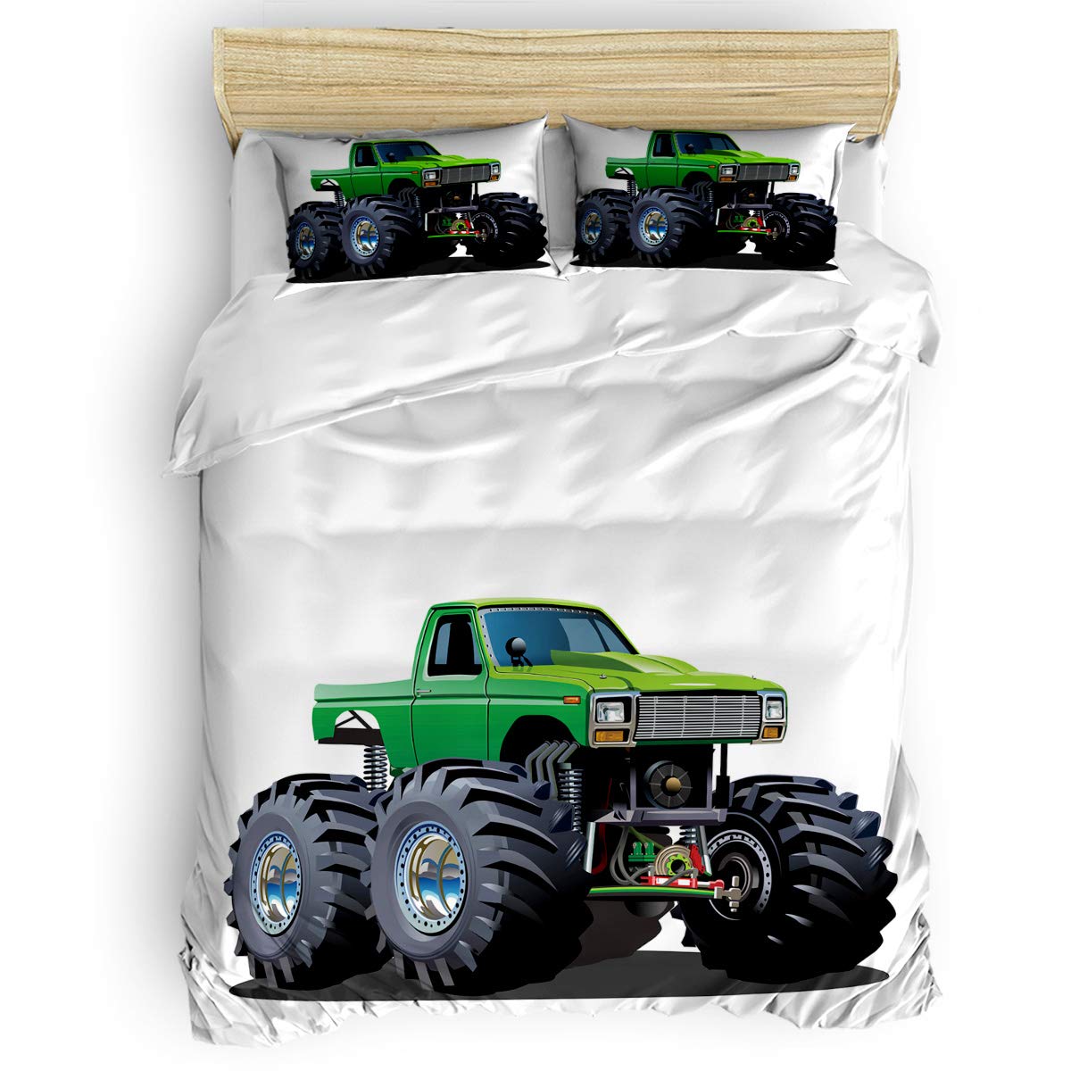 Yogaly 4-Piece Queen Size Bedding Set - Soft Cartoon Monster Truck Printed Bed Sheets, Duvet Cover, Flat Sheet & Pillowcases for Adults, Teens, Kids & Baby | Perfect for Boys' Rooms, Dorm Decor, and Themed Bedrooms