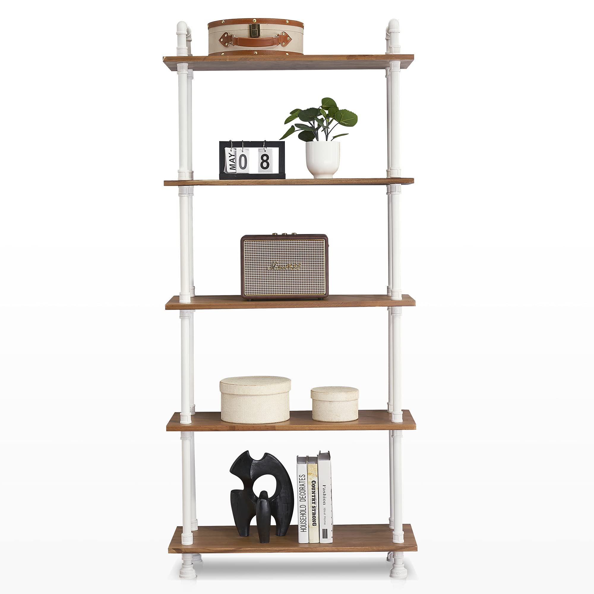ivinta White 5-Shelf Modern Industrial Leaning Bookcase - Small Bookshelf for Bedroom, Living Room & Office - Space-Saving Storage Solution for Books, Decor & Essentials