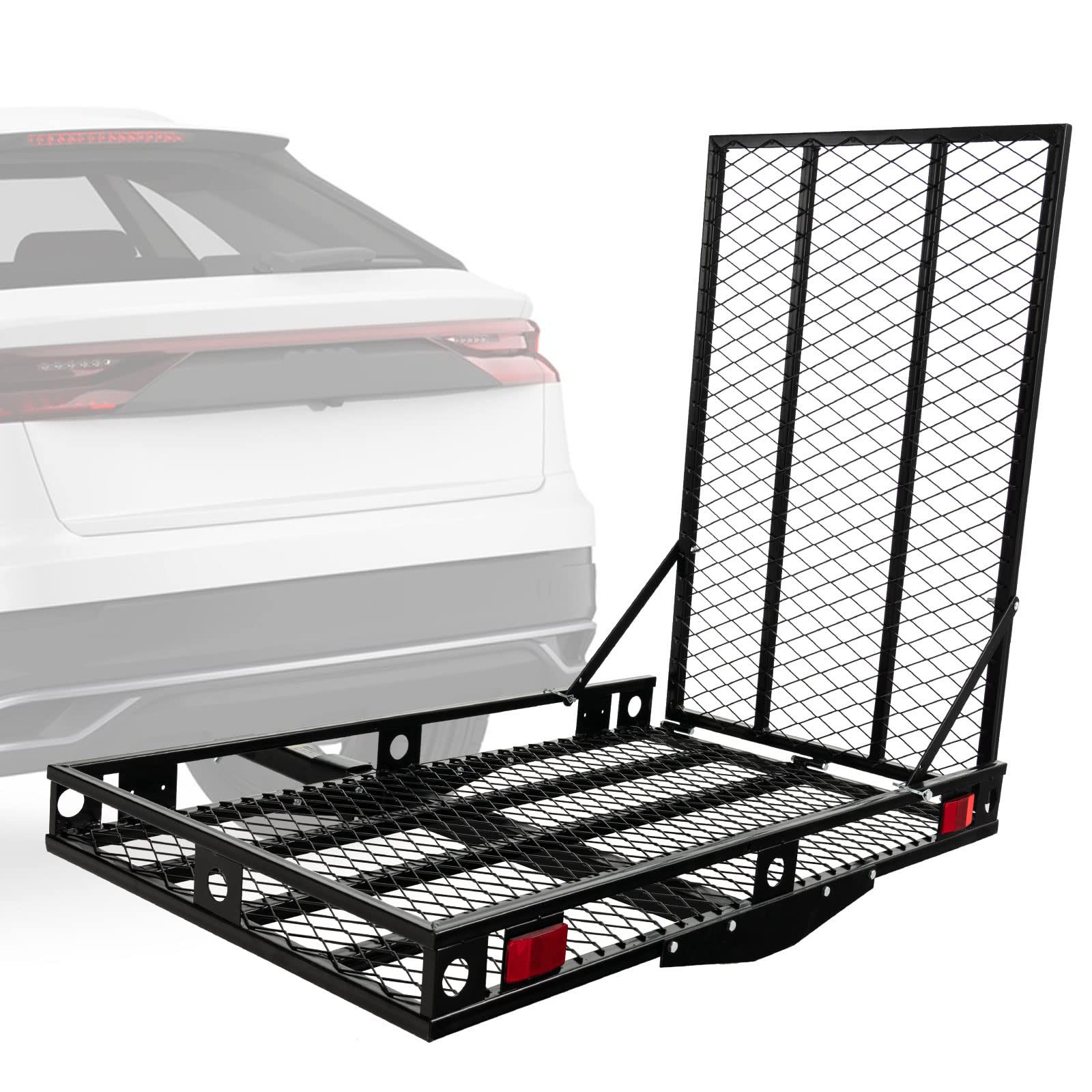 Heavy Duty Folding Hitch Mount Cargo Carrier - 500 lbs Capacity with Loading Ramp & Tie-Down Straps - Perfect for Wheelchairs, Mobility Scooters, Lawn Mowers & Outdoor Equipment - Ideal for Camping, Road Trips & Home Storage