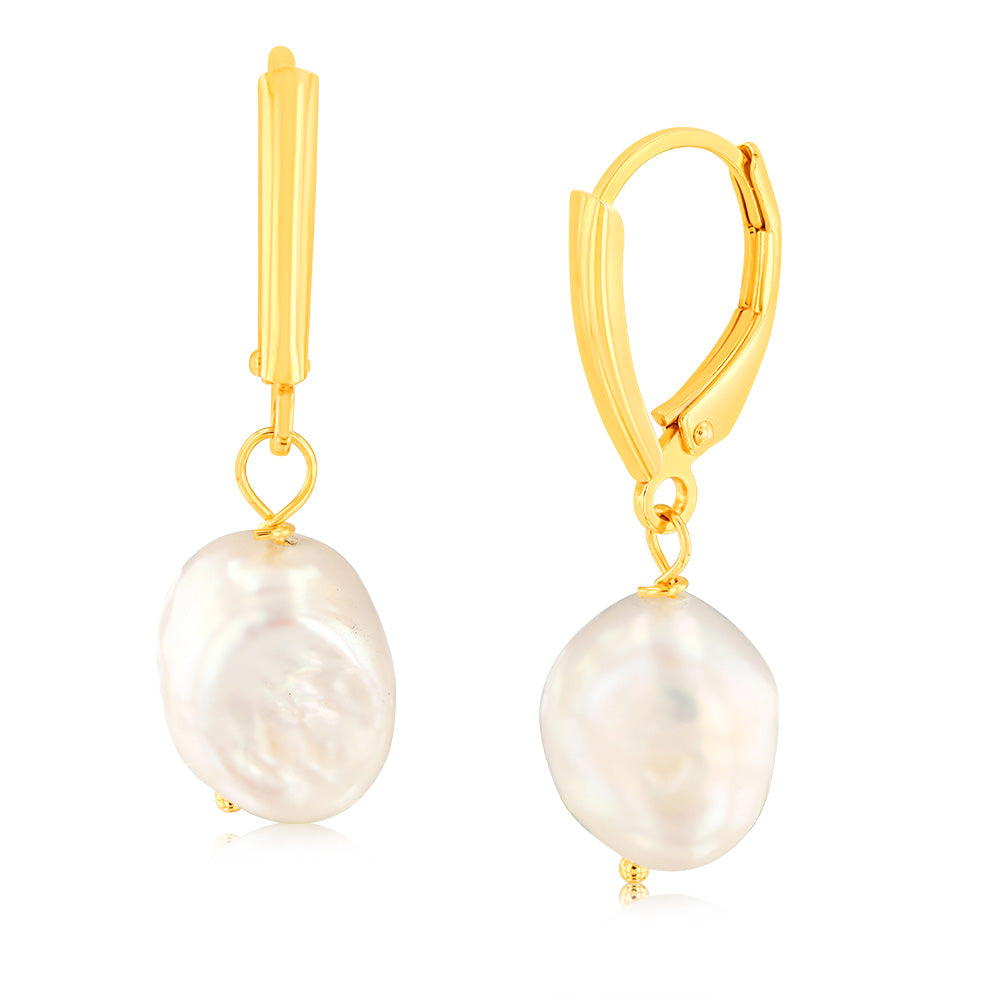 9.5mm & 10.5mm White Freshwater Pearl Drop Earrings - 14K Gold Plated Sterling Silver - Elegant Dangle Earrings for Women, Perfect for Weddings, Parties & Special Occasions