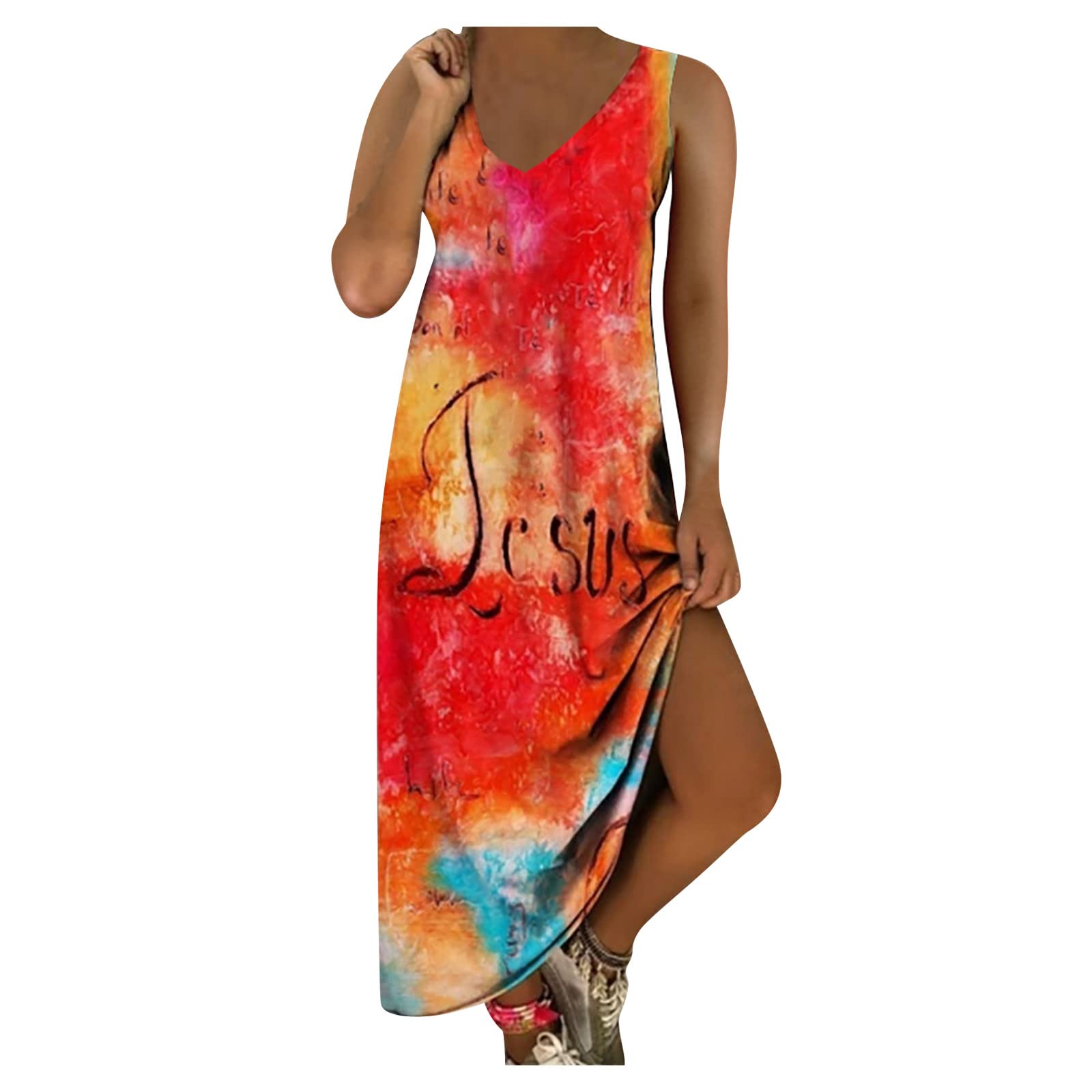 Women's Summer Dresses - V-Neck Sleeveless High Waist Tie-Dye Print Casual Flowy Maxi Dress for Beach, Evening & Vacation | Breathable Loose Fit for Hot Weather