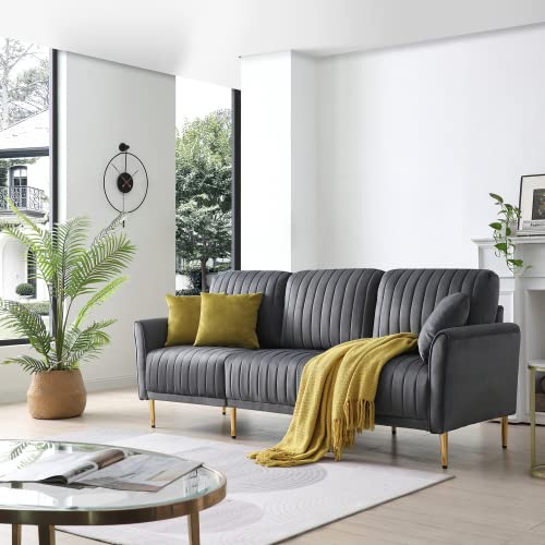Mid-Century Velvet Sofa with Golden Metal Legs - Channel Tufted Loveseat Accent Couch for Small Spaces - Perfect for Living Room, Bedroom, Apartment & Dorm - Soft Gray Velvet Upholstery - Modern Retro Home Decor (Ideal for Cozy Reading Nooks & Lounge Areas)