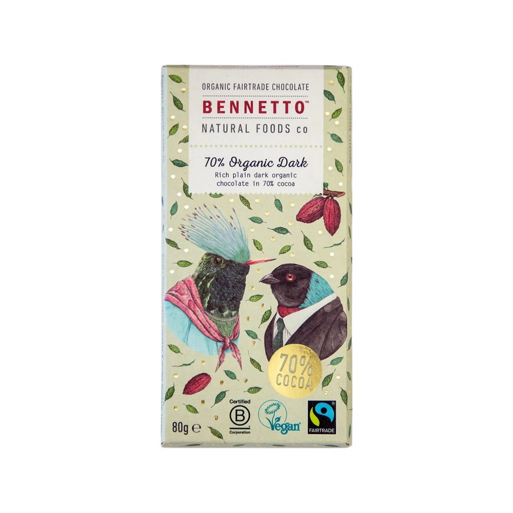 BENNETTO Organic Dark Chocolate Bar 70% Cocoa 80g - Premium Vegan Snack for Gifts, Baking & Healthy Desserts