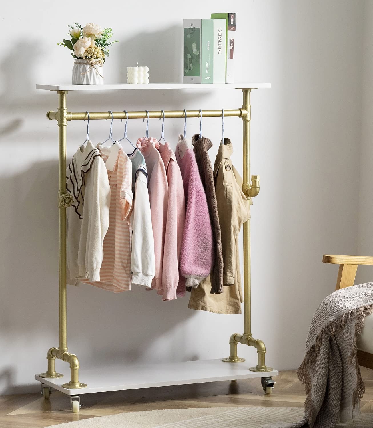 Kids Clothes Rack with Storage Shelf - 2-Tier Rolling Garment Organizer for Children's Wardrobe | Industrial Metal & Wood Design | Perfect for Bedroom, Nursery, or Playroom Closet Organization