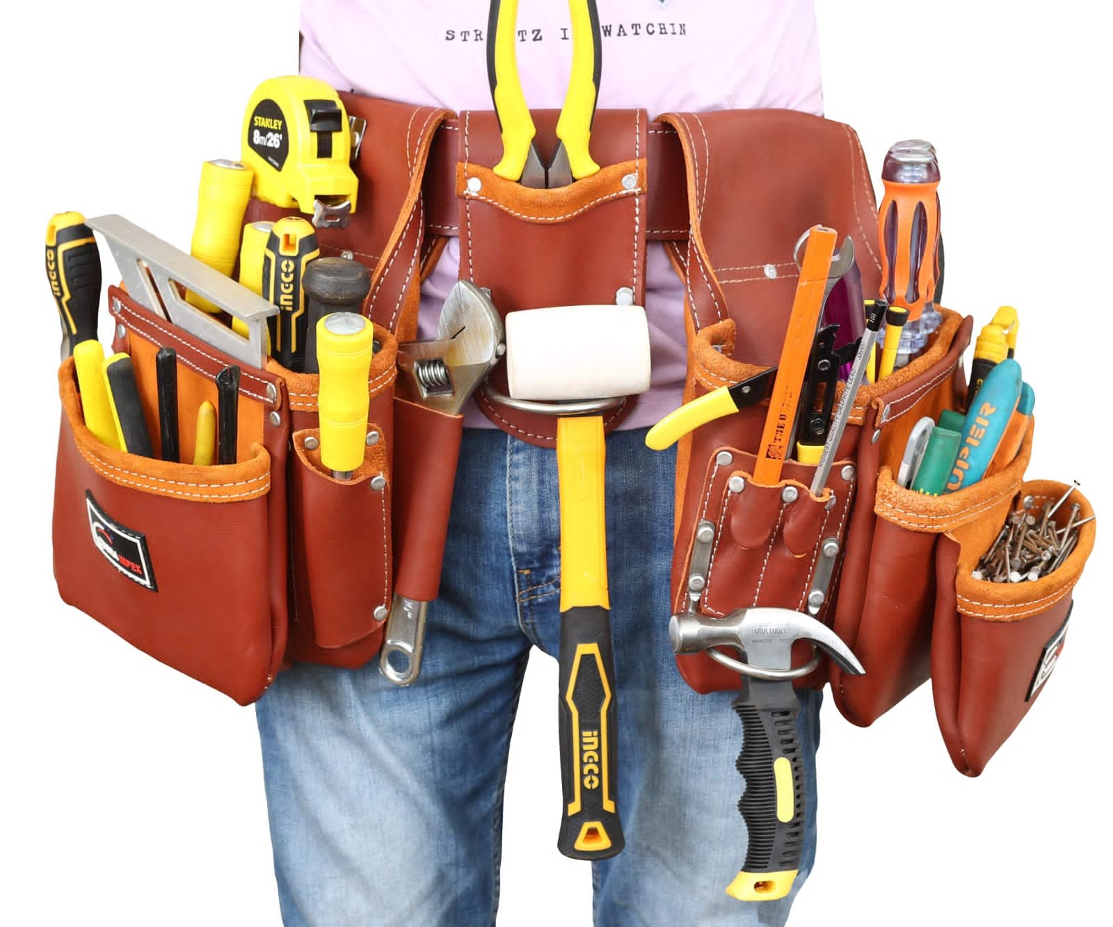 Premium Top Grain Leather Tool Belt Pouch - Heavy Duty 21-Pocket Organizer for Electricians, Plumbers, Carpenters & Tradesmen (Maroon) - Durable Work Belt for Construction, HVAC & DIY Projects by Yusra