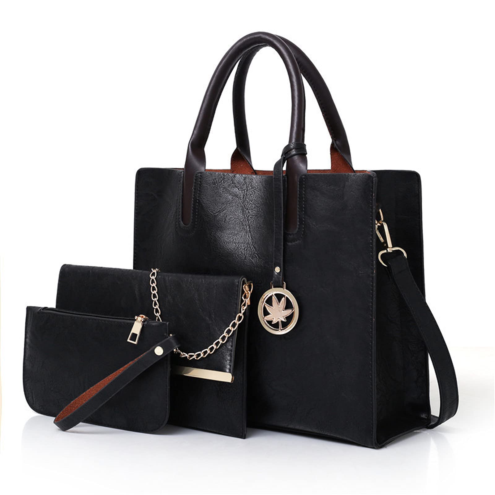 WANZPITS 3-Piece Women's Leather Handbag Set - Stylish Solid Color Shoulder Bag & Large Capacity Messenger Purse (Black) | Perfect for Work, Travel & Everyday Use