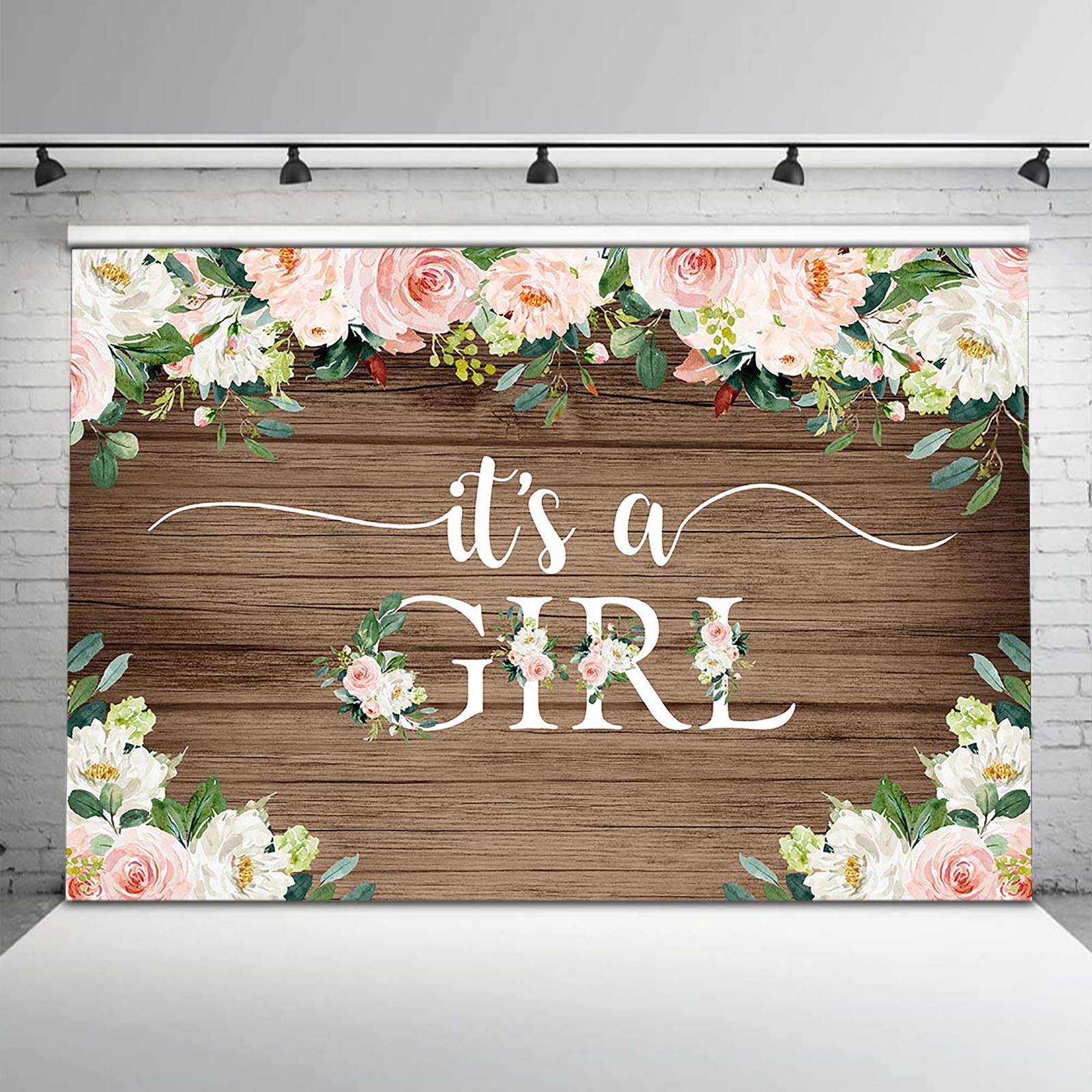 Avezano Rustic Floral Baby Shower Backdrop - Brown Wood 'It's a Girl' Background for Baby Shower Decorations (5x3 ft) - Perfect for Gender Reveal Parties, Nursery Decor & Newborn Photography