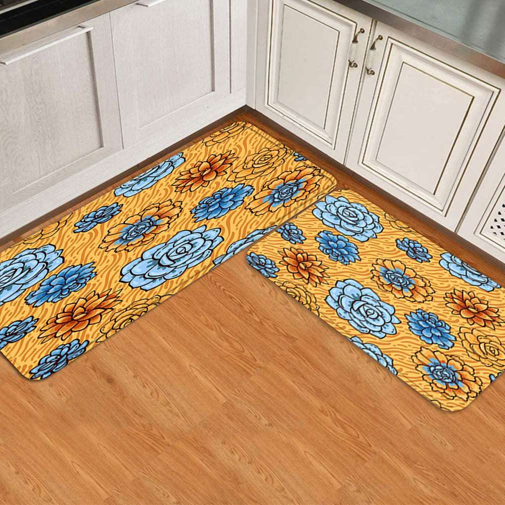 AKEHADO Non-Slip Kitchen Rug Set - 2 Piece Blue & Orange Succulent Plant Design Mats with Anti-Skid Backing, 17.7