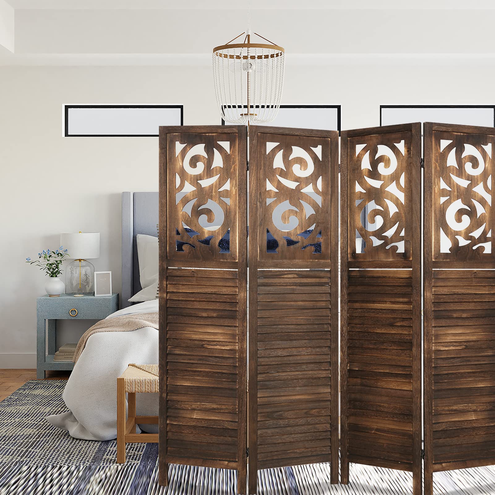 Babion 4 Panel Wooden Room Divider Screen - 5.6FT Freestanding Folding Privacy Partition for Bedroom, Office & Living Room - Hand Carved Brown Decorative Wall Divider - Perfect for Creating Private Spaces in Homes & Workspaces