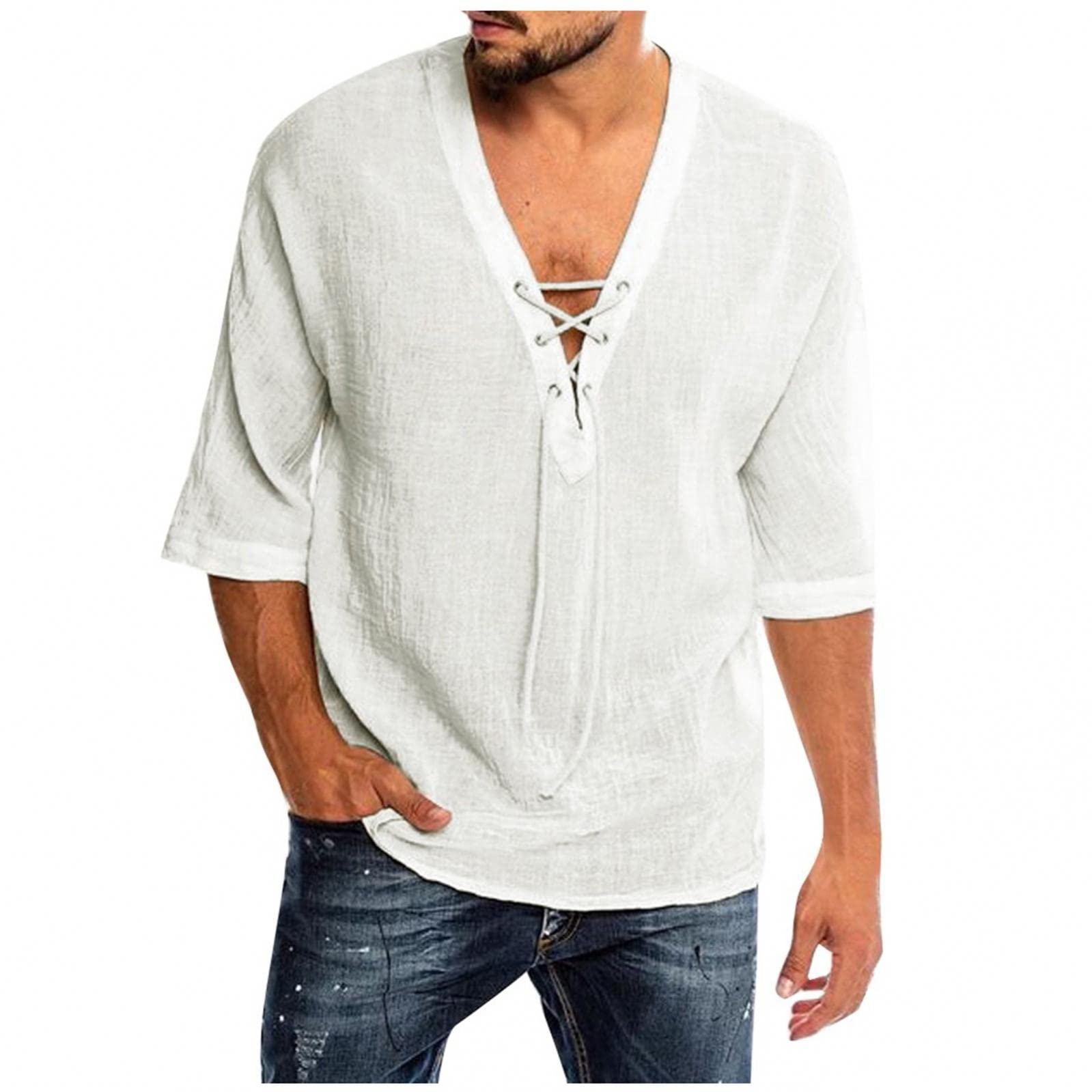 Men's Cotton Linen Henley Shirts - 3/4 Sleeve Beach Pullover Tees with Lace-up Detail - Hippie Yoga Summer Solid T-Shirt Tops for Casual Wear, Outdoor Activities & Boho Fashion
